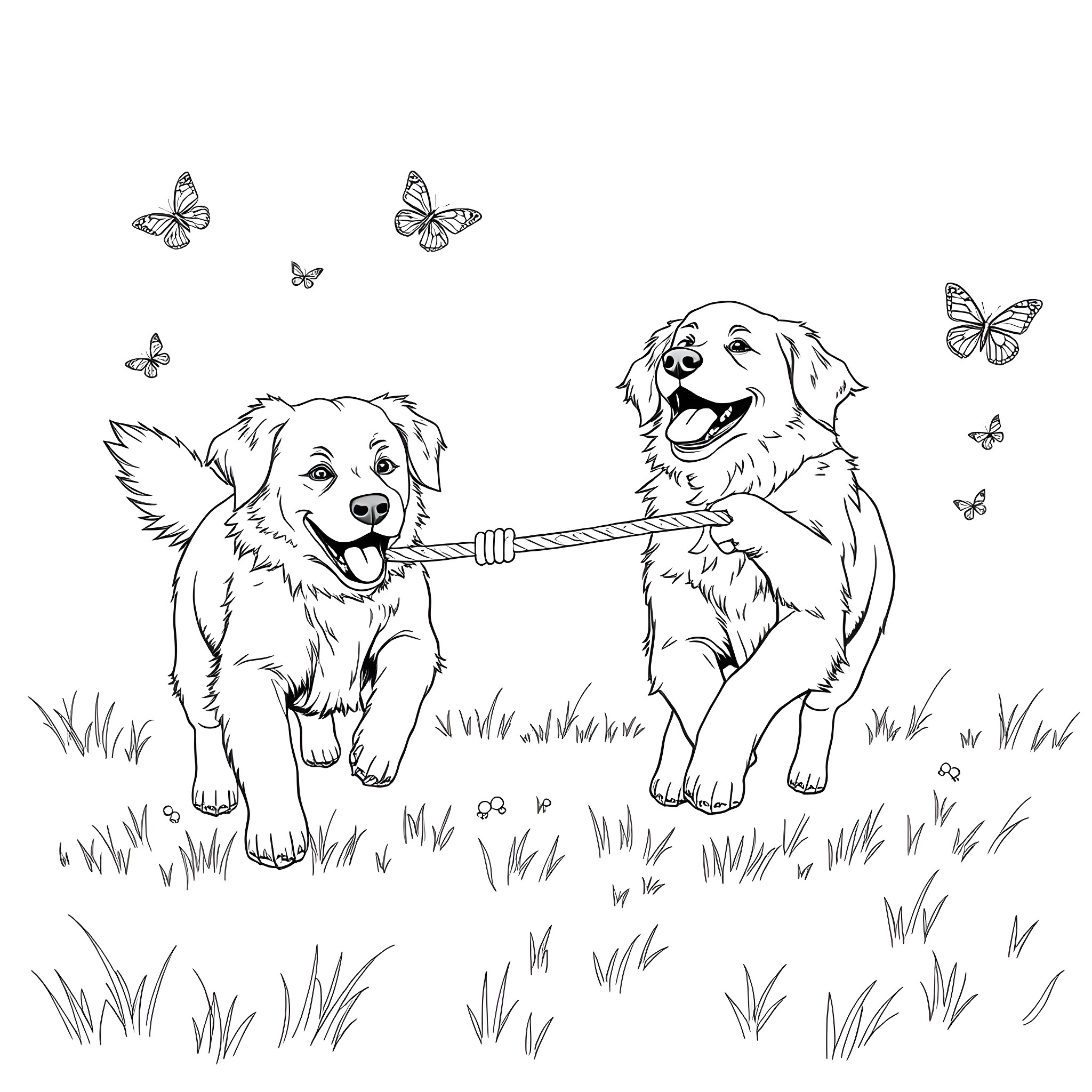 Golden Retrievers playing joyfully with butterflies Coloring Page (free black-and-white line drawing printable PDF for all, from beginners to advanced learners, including children, teens, adults, and seniors)