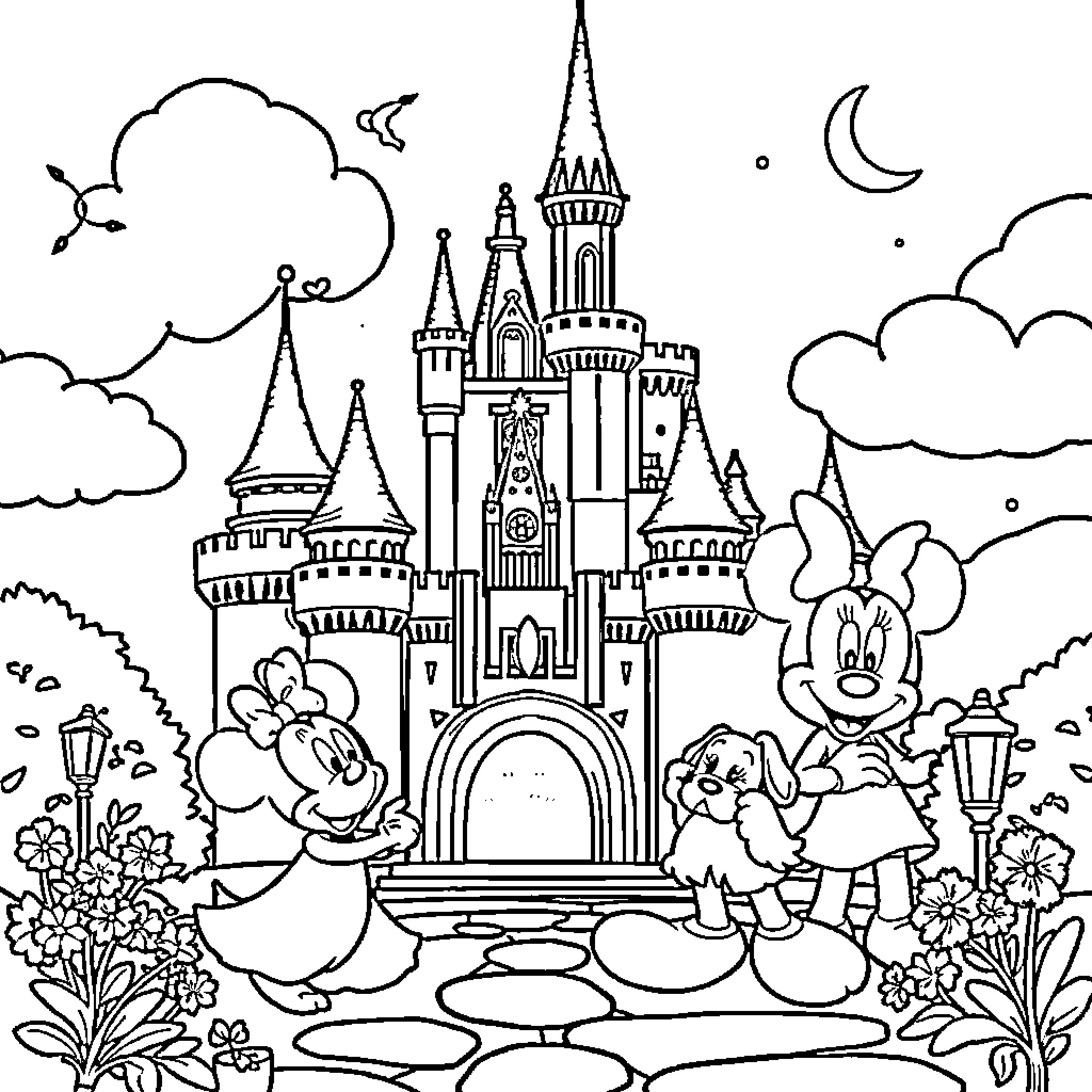 Disney characters exploring a magical castle at night Coloring Page (free black-and-white line drawing printable PDF for all, from beginners to advanced learners, including children, teens, adults, and seniors)