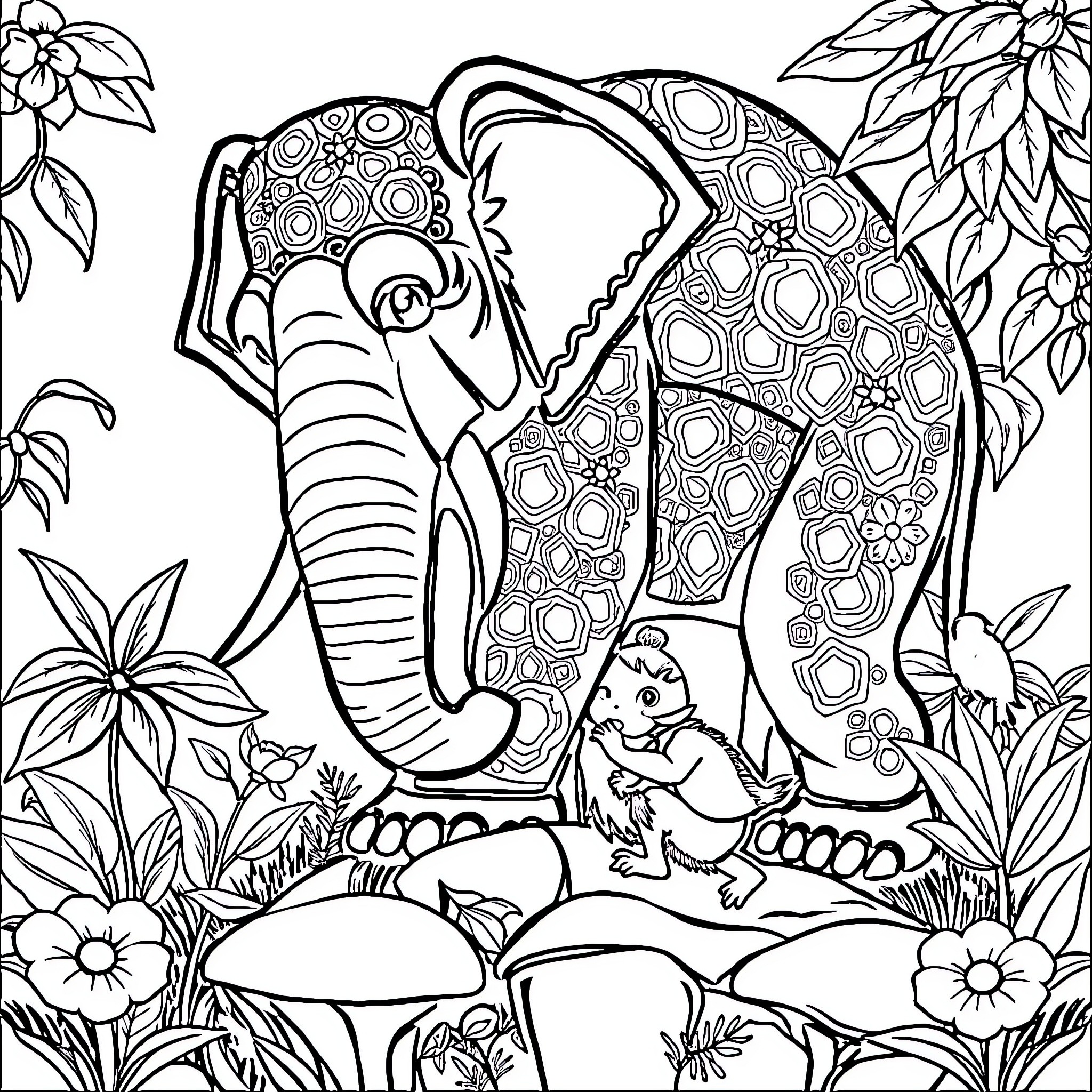 Elephant in the Jungle with Animal Friends Coloring Page (free black-and-white line drawing printable PDF for all, from beginners to advanced learners, including children, teens, adults, and seniors)