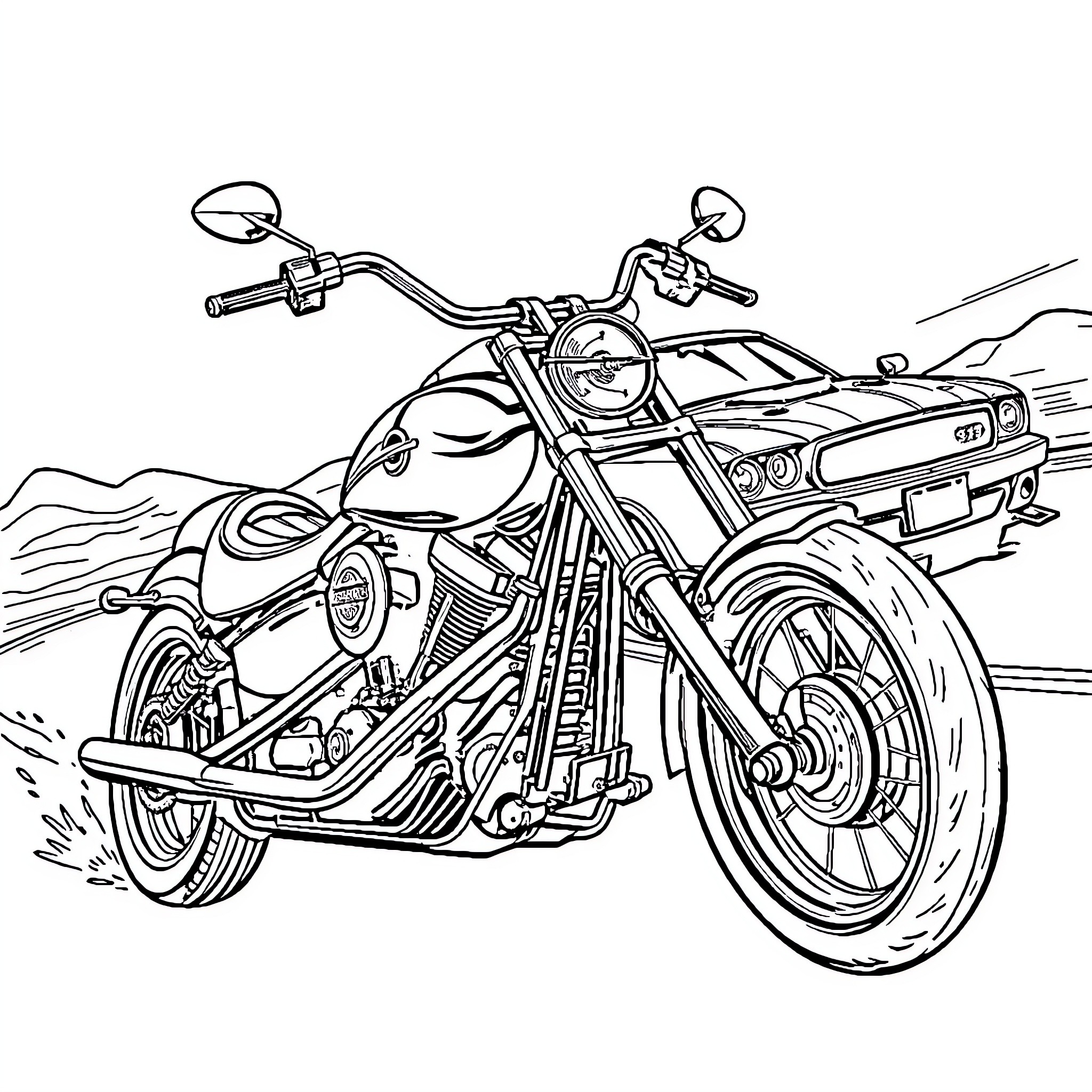 Harley Davidson motorcycle racing on the open road Coloring Page (free black-and-white line drawing printable PDF for all, from beginners to advanced learners, including children, teens, adults, and seniors)