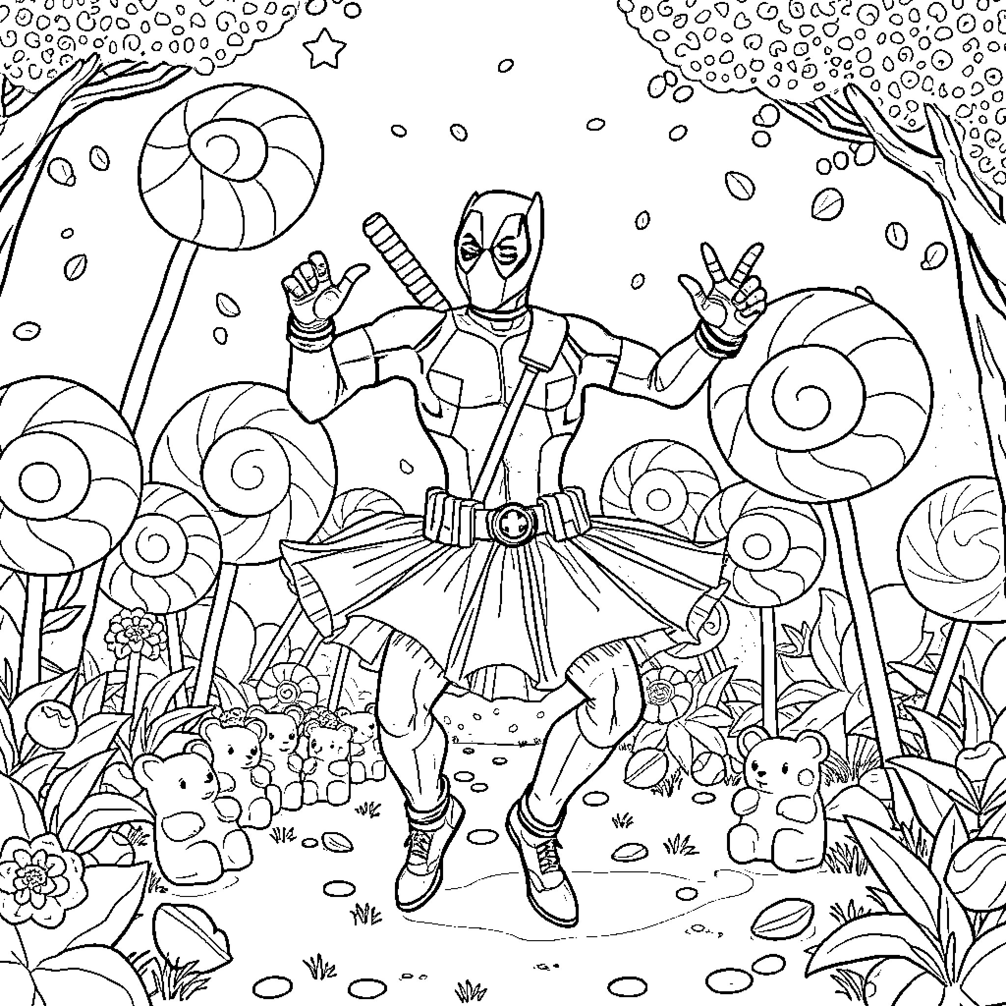 Deadpool in a Whimsical Wonderland Coloring Page (free black-and-white line drawing printable PDF for all, from beginners to advanced learners, including children, teens, adults, and seniors)