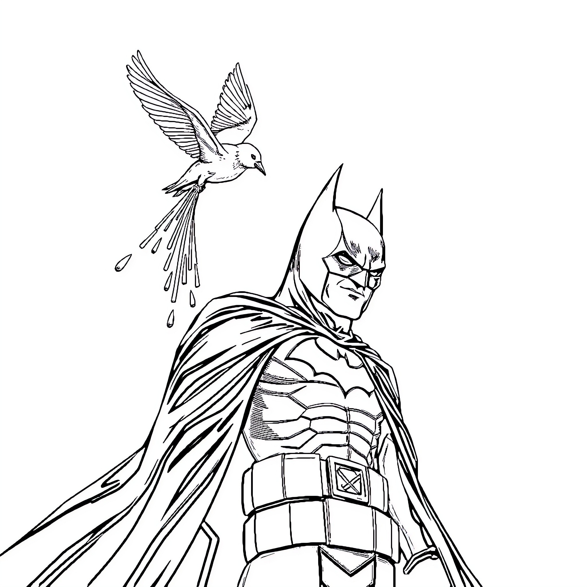 Bird superhero in action with a bird companion Coloring Page (free black-and-white line drawing printable PDF for all, from beginners to advanced learners, including children, teens, adults, and seniors)
