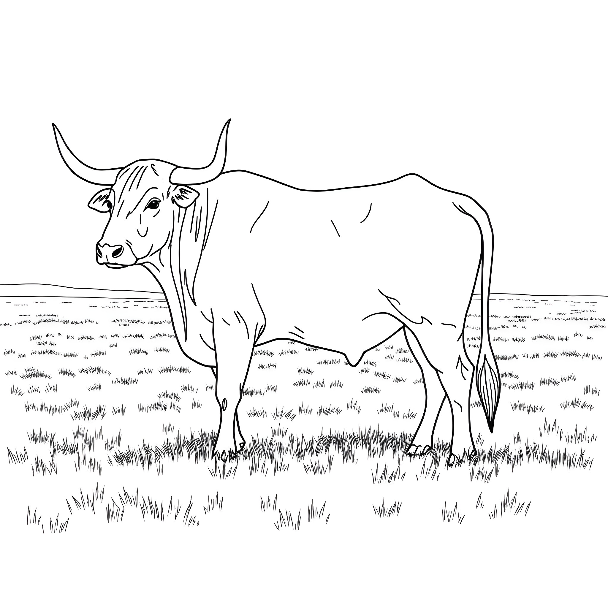 Ox standing in a grassy field Coloring Page (free black-and-white line drawing printable PDF for all, from beginners to advanced learners, including children, teens, adults, and seniors)