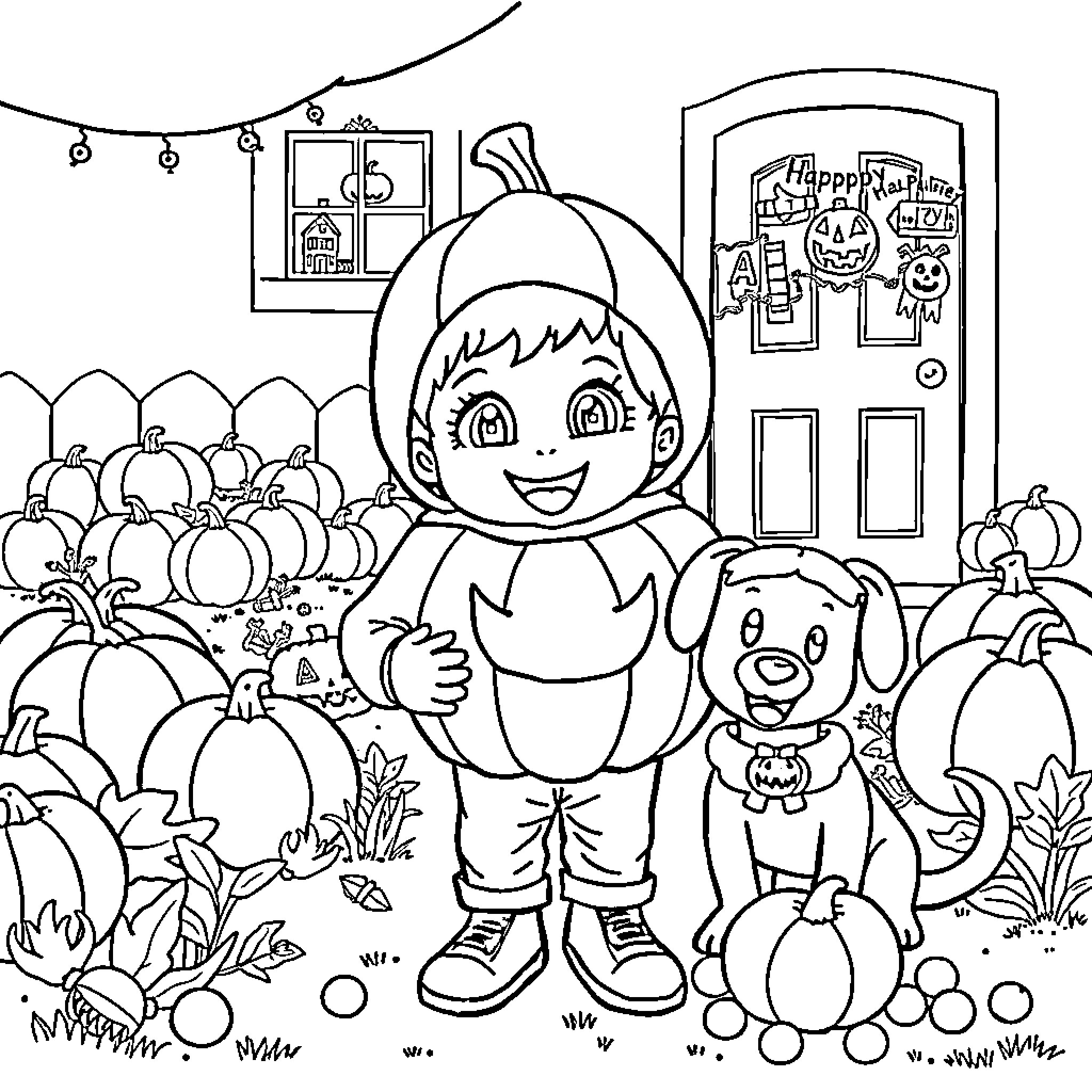 Child in pumpkin costume with pet dog on Halloween Coloring Page (free black-and-white line drawing printable PDF for all, from beginners to advanced learners, including children, teens, adults, and seniors)