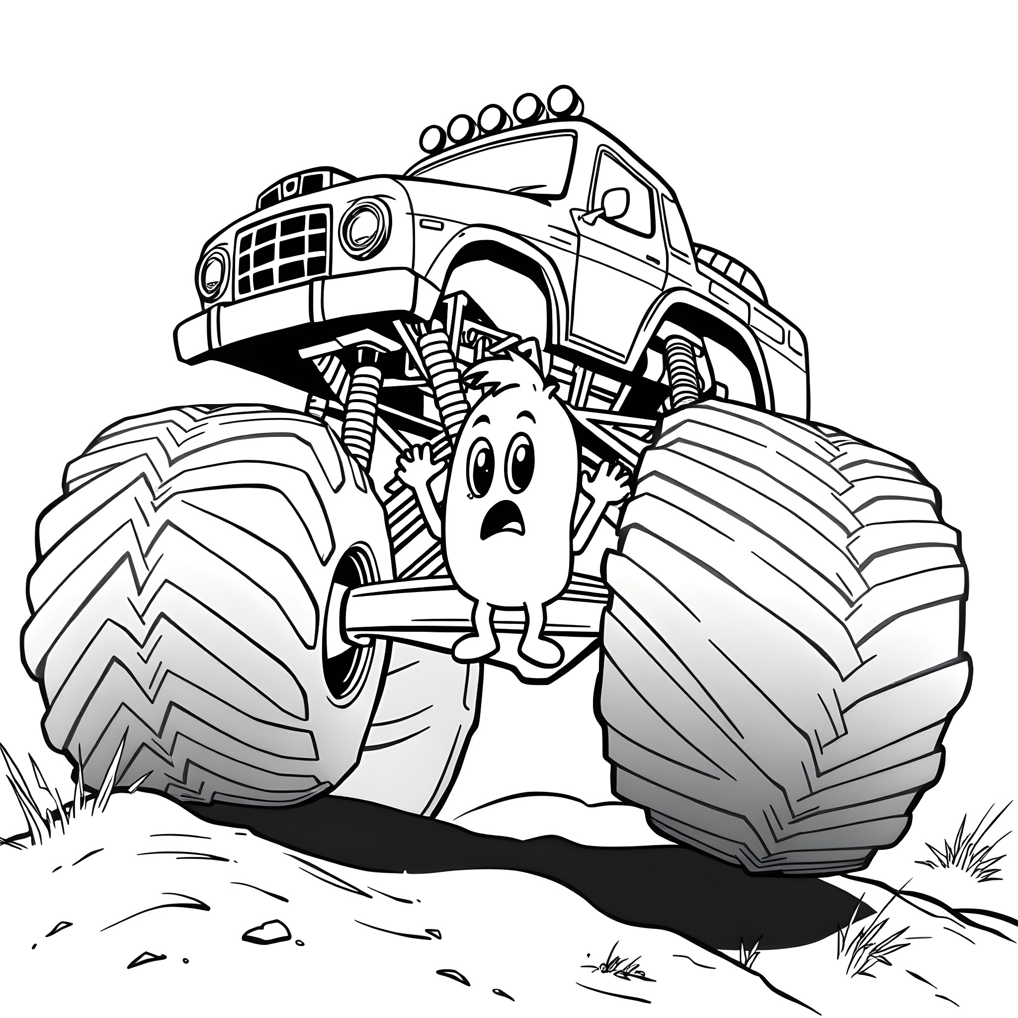 Blippie's Monster Truck Adventure Coloring Page (free black-and-white line drawing printable PDF for all, from beginners to advanced learners, including children, teens, adults, and seniors)