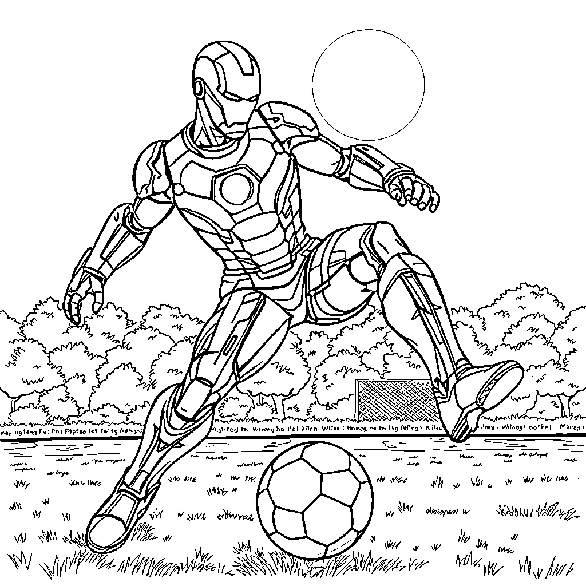 Ironman playing soccer in the park Coloring Page (free black-and-white line drawing printable PDF for all, from beginners to advanced learners, including children, teens, adults, and seniors)