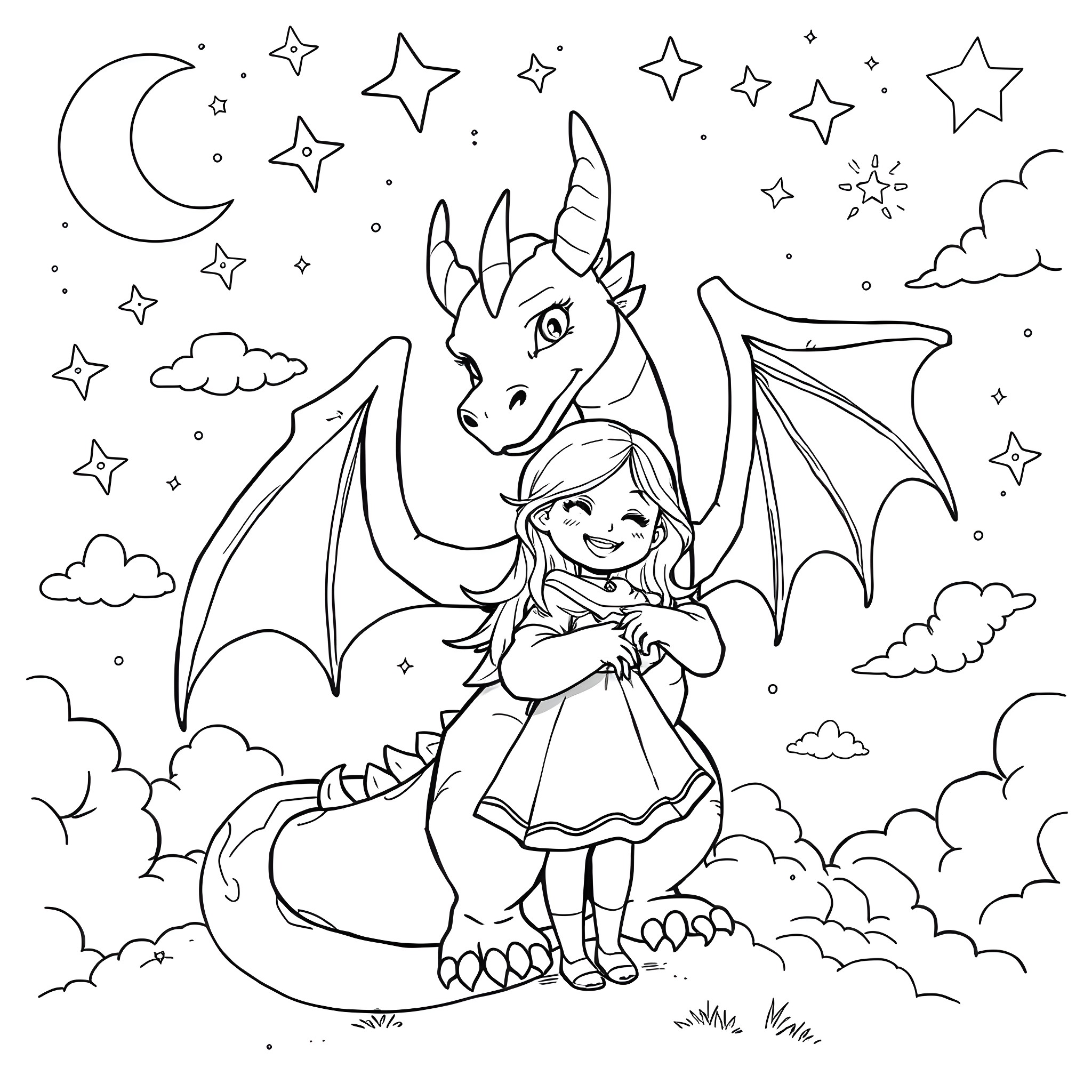 DRoc Girl and Dragon in Starry Night Sky Coloring Page (free black-and-white line drawing printable PDF for all, from beginners to advanced learners, including children, teens, adults, and seniors)
