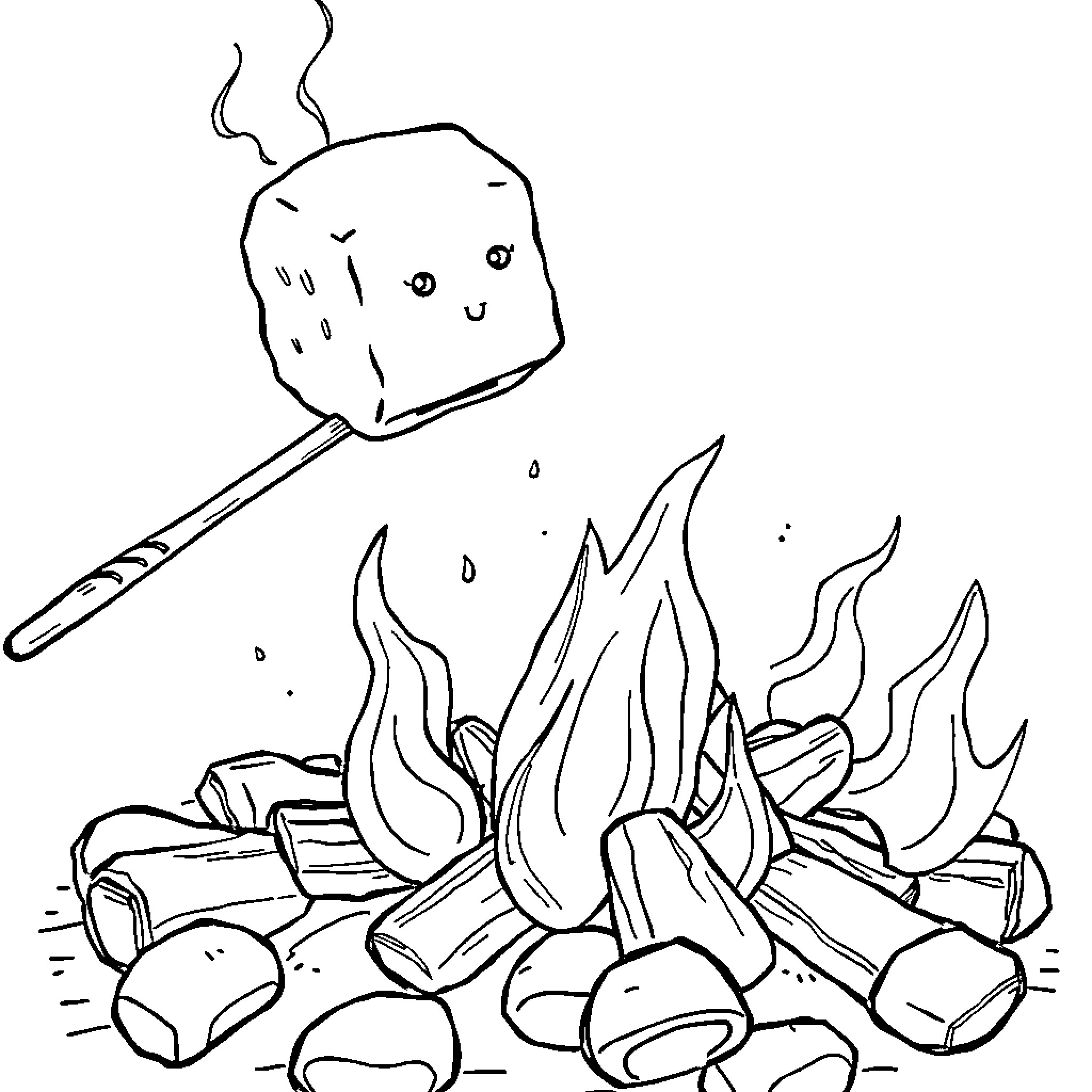 Marshmallow roasting over a campfire Coloring Page (free black-and-white line drawing printable PDF for all, from beginners to advanced learners, including children, teens, adults, and seniors)