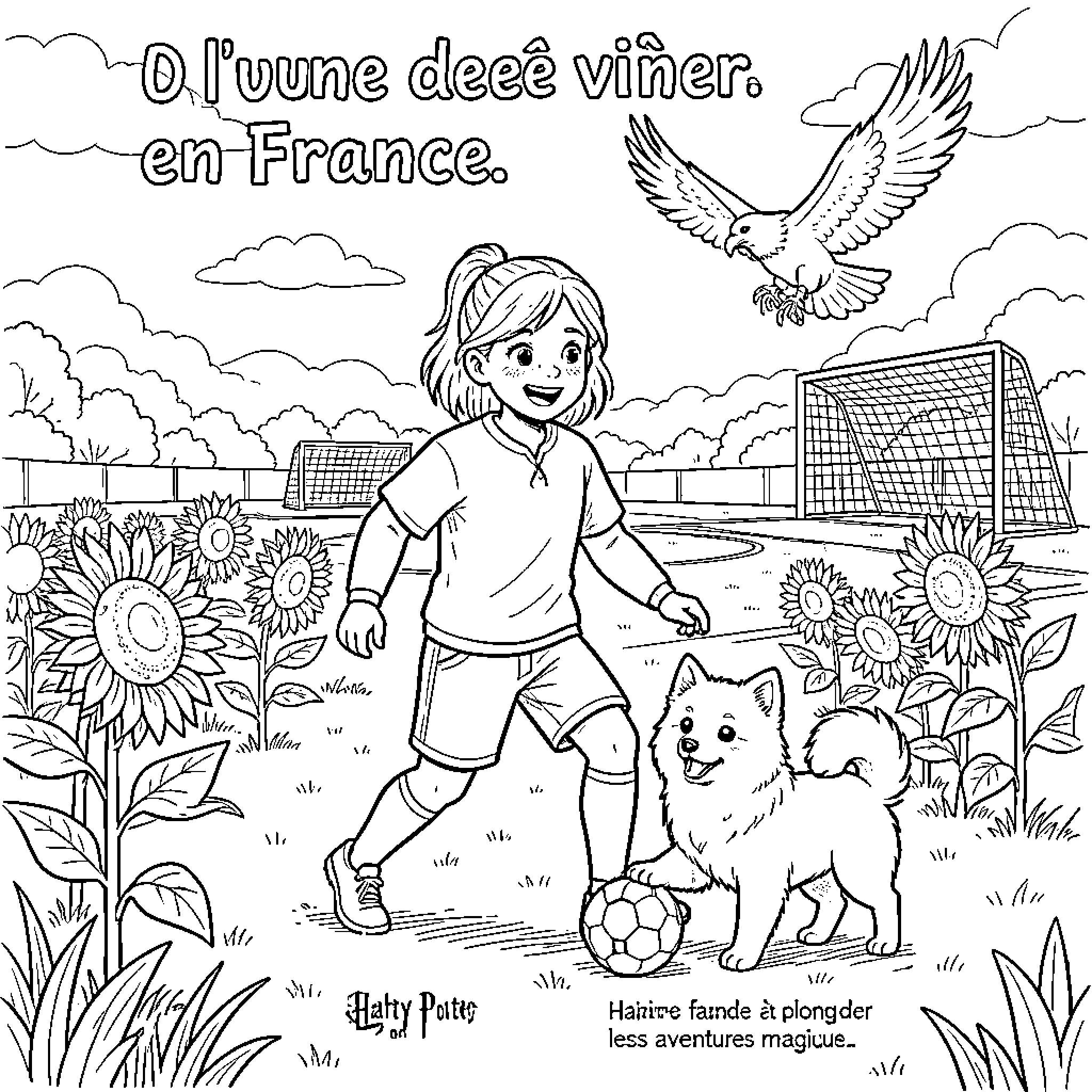 Person playing soccer with a dog in a field Coloring Page (free black-and-white line drawing printable PDF for all, from beginners to advanced learners, including children, teens, adults, and seniors)