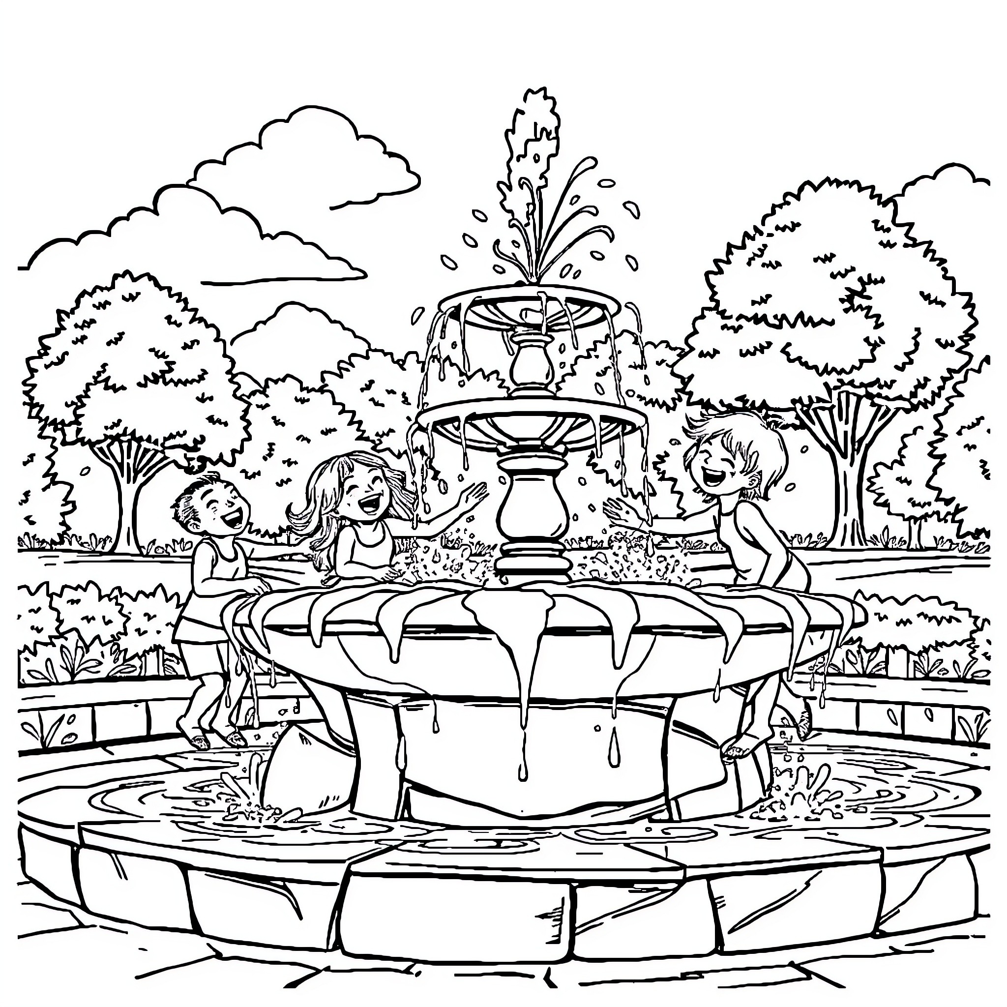 Child playing in colorful fountain Coloring Page (free black-and-white line drawing printable PDF for all, from beginners to advanced learners, including children, teens, adults, and seniors)