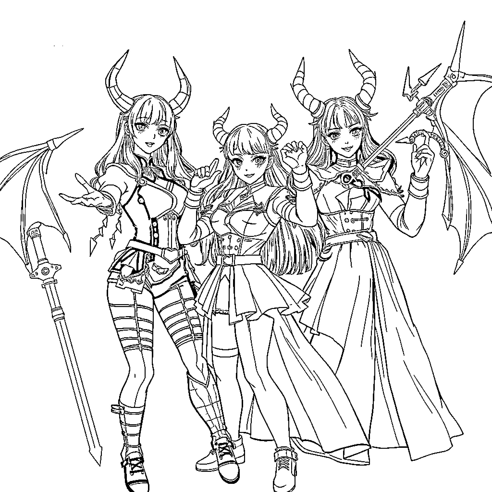 Guerrera: Fierce Sisterhood in Fantasy Attire Coloring Page (free black-and-white line drawing printable PDF for all, from beginners to advanced learners, including children, teens, adults, and seniors)