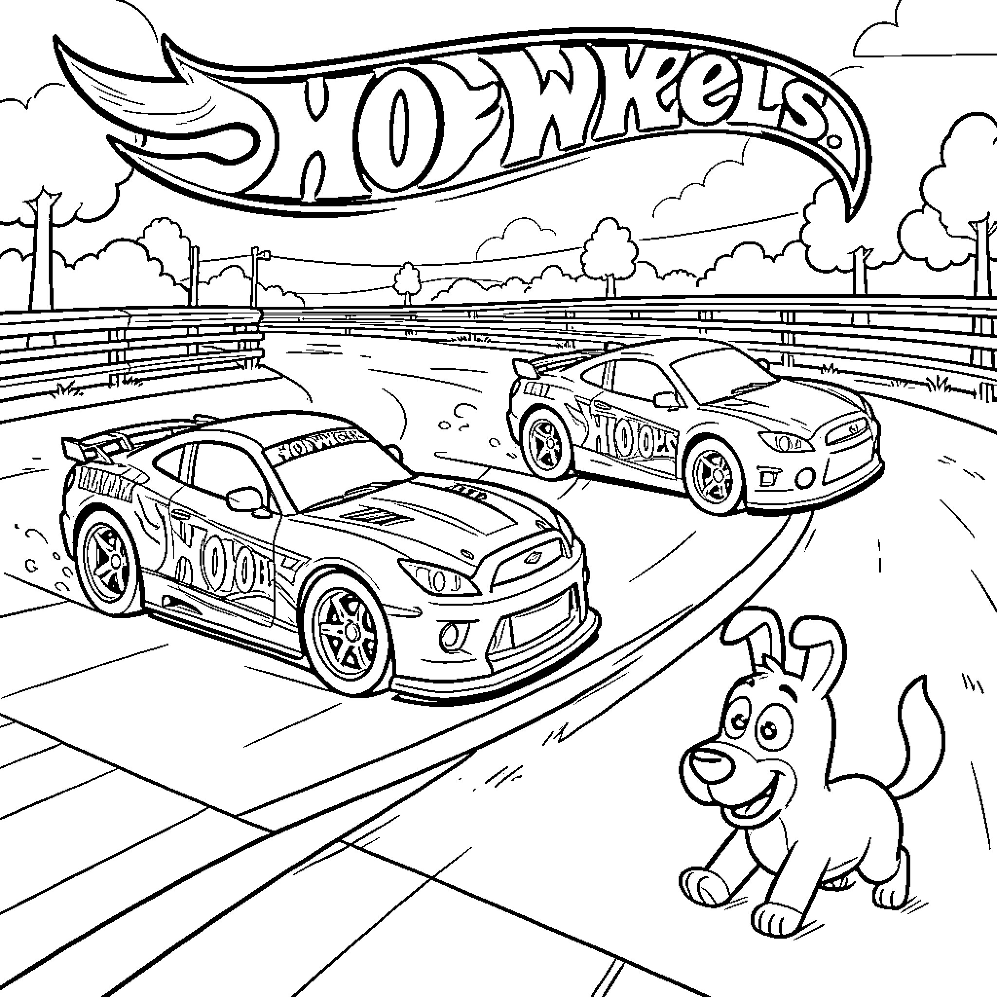 Hot Wheels race cars speeding on a track Coloring Page (free black-and-white line drawing printable PDF for all, from beginners to advanced learners, including children, teens, adults, and seniors)