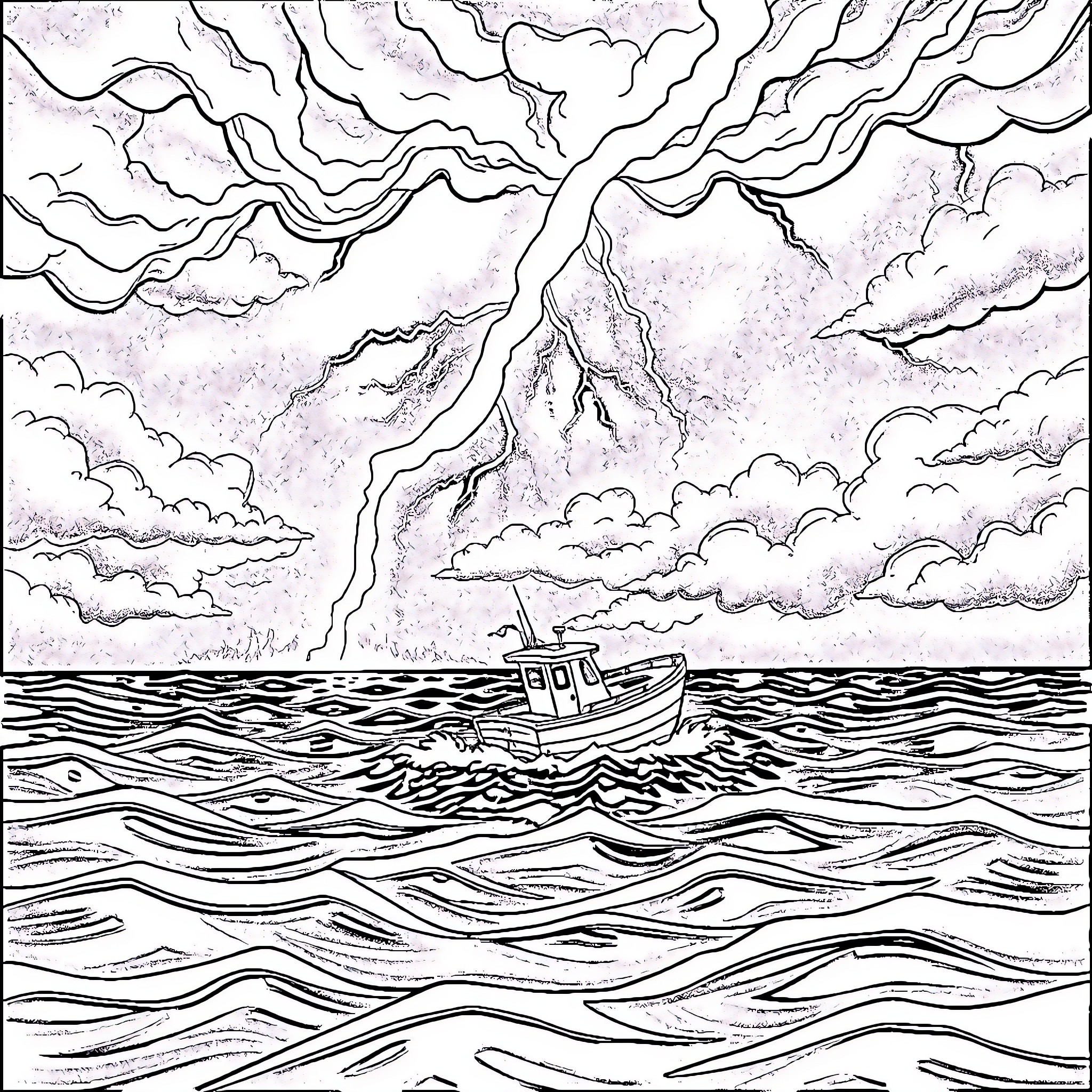 Boat sailing in stormy seas with dramatic clouds Coloring Page (free black-and-white line drawing printable PDF for all, from beginners to advanced learners, including children, teens, adults, and seniors)