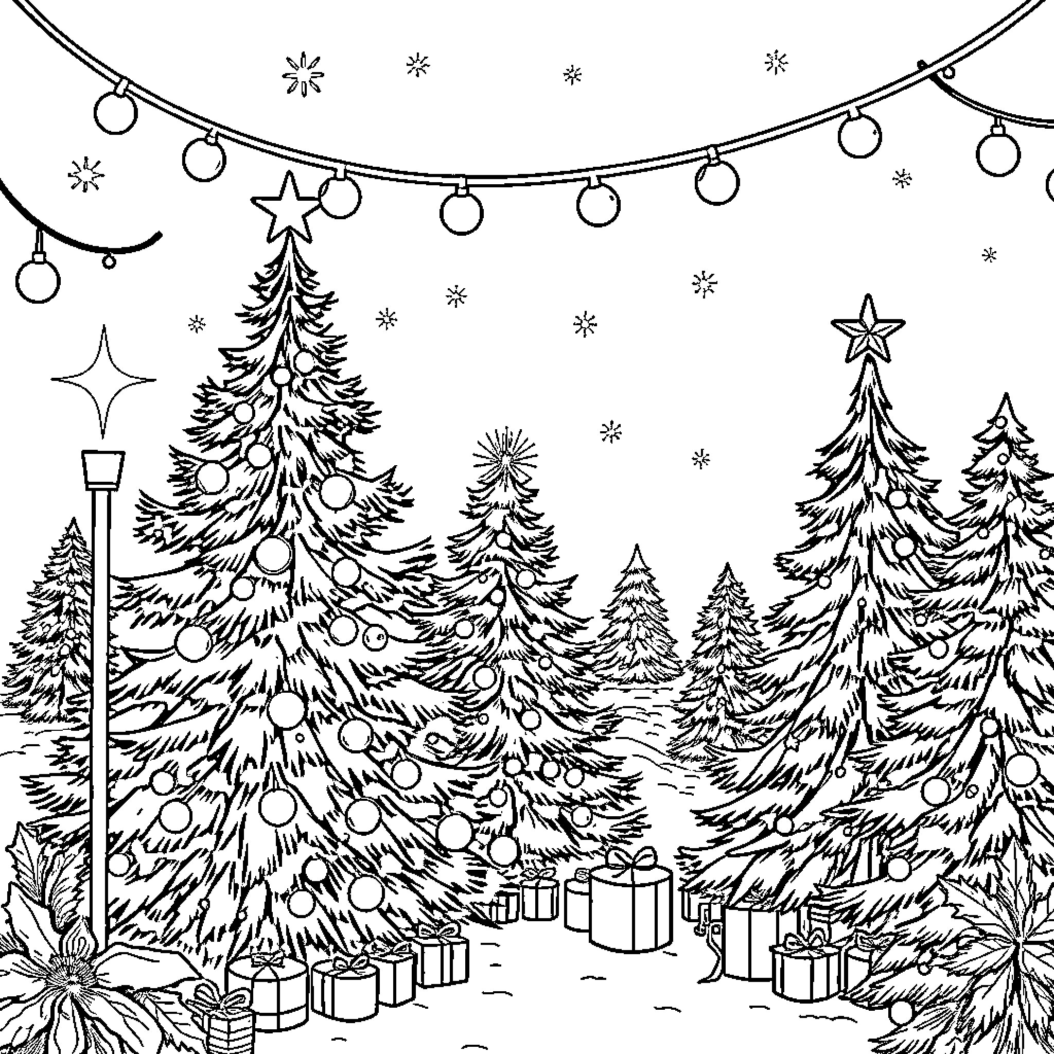 Noel's Festive Winter Wonderland Coloring Page (free black-and-white line drawing printable PDF for all, from beginners to advanced learners, including children, teens, adults, and seniors)