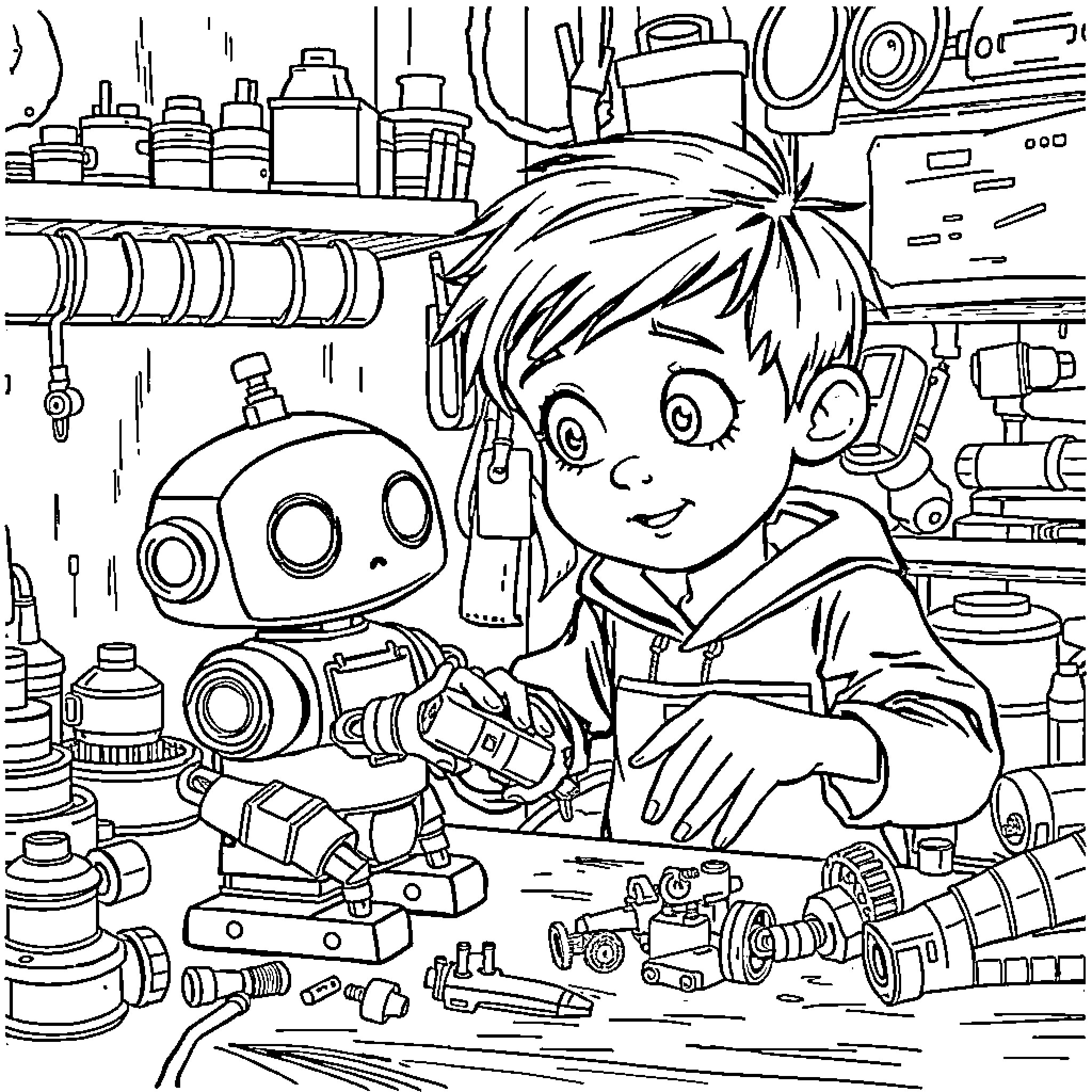 Otto's Workshop - Tinkering with a Robot Companion Coloring Page (free black-and-white line drawing printable PDF for all, from beginners to advanced learners, including children, teens, adults, and seniors)