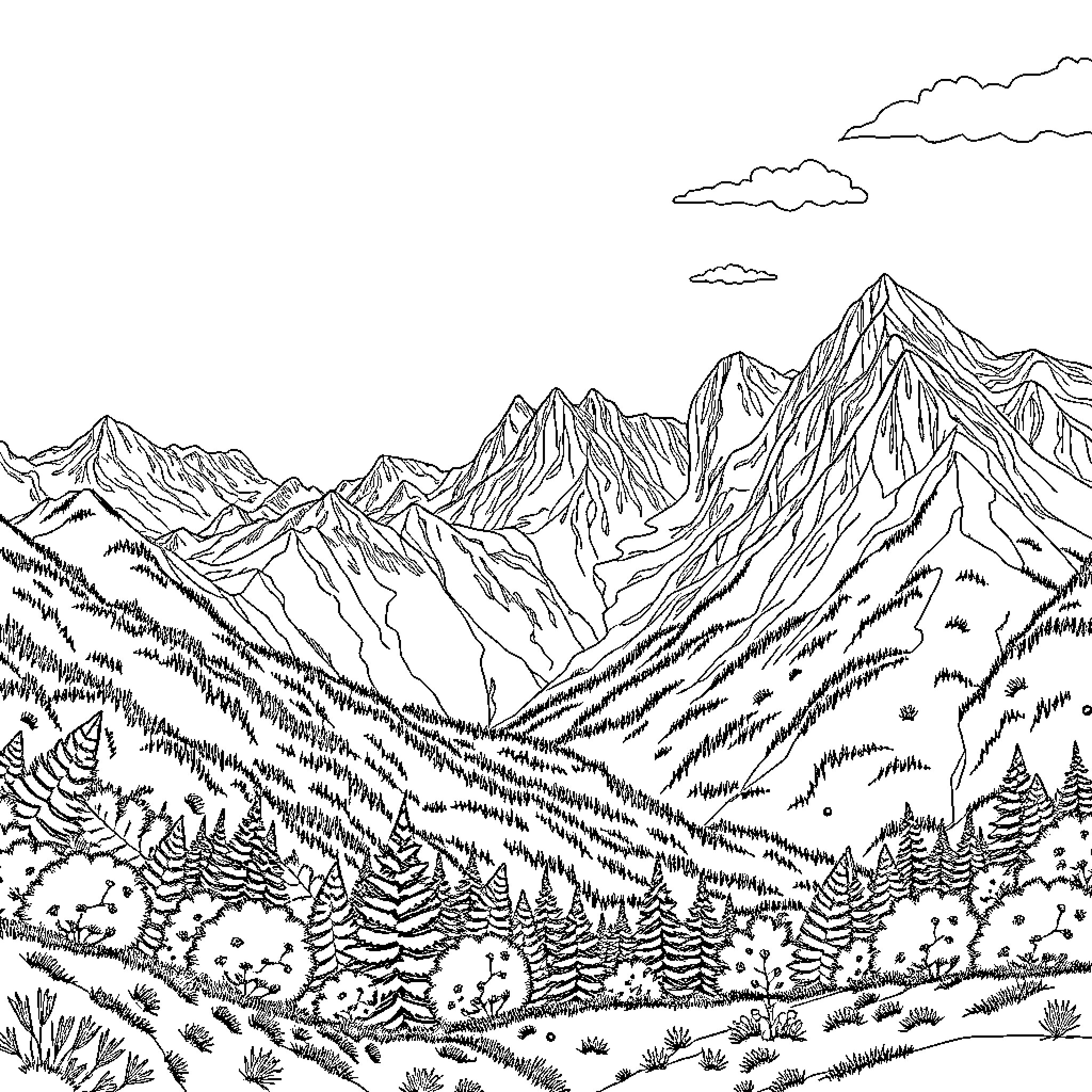 Landscape of Majestic Mountain Range and Lush Forests Coloring Page (free black-and-white line drawing printable PDF for all, from beginners to advanced learners, including children, teens, adults, and seniors)