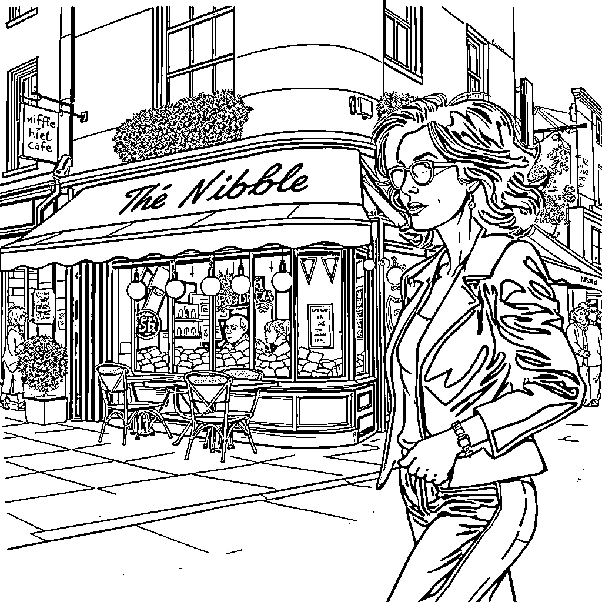 Jennifer Beals in a Trendy Urban Scene Coloring Page (free black-and-white line drawing printable PDF for all, from beginners to advanced learners, including children, teens, adults, and seniors)