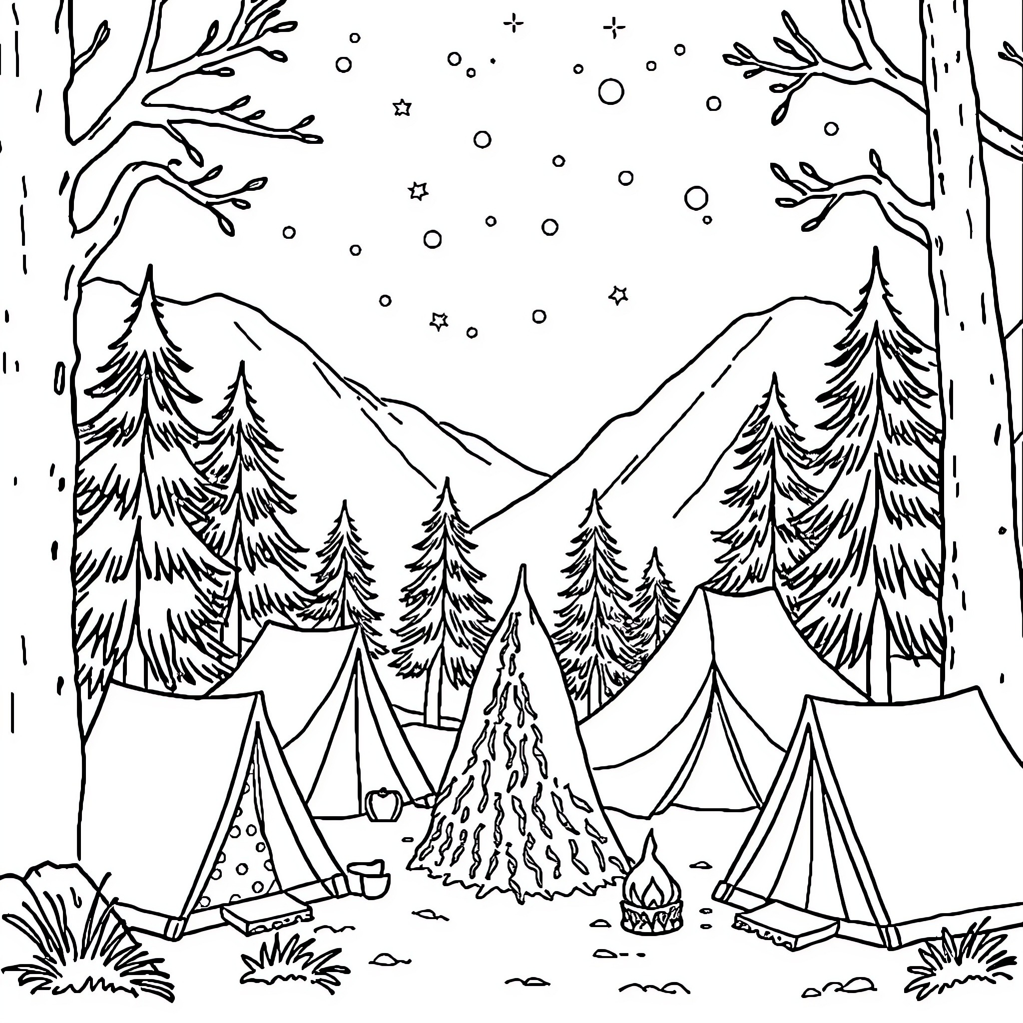 Snow Queen's Winter Wonderland Camping Adventure Coloring Page (free black-and-white line drawing printable PDF for all, from beginners to advanced learners, including children, teens, adults, and seniors)
