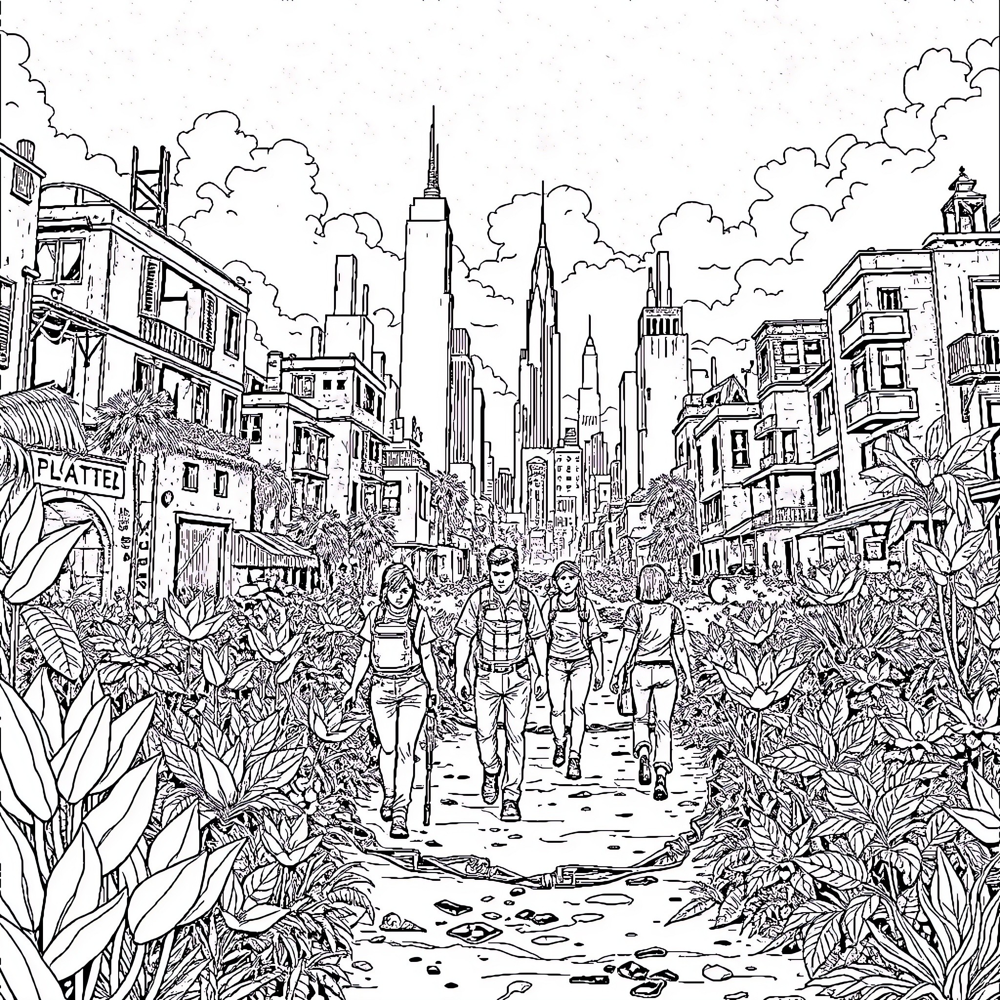 Last Of Us - Dystopian City Exploration Coloring Page (free black-and-white line drawing printable PDF for all, from beginners to advanced learners, including children, teens, adults, and seniors)