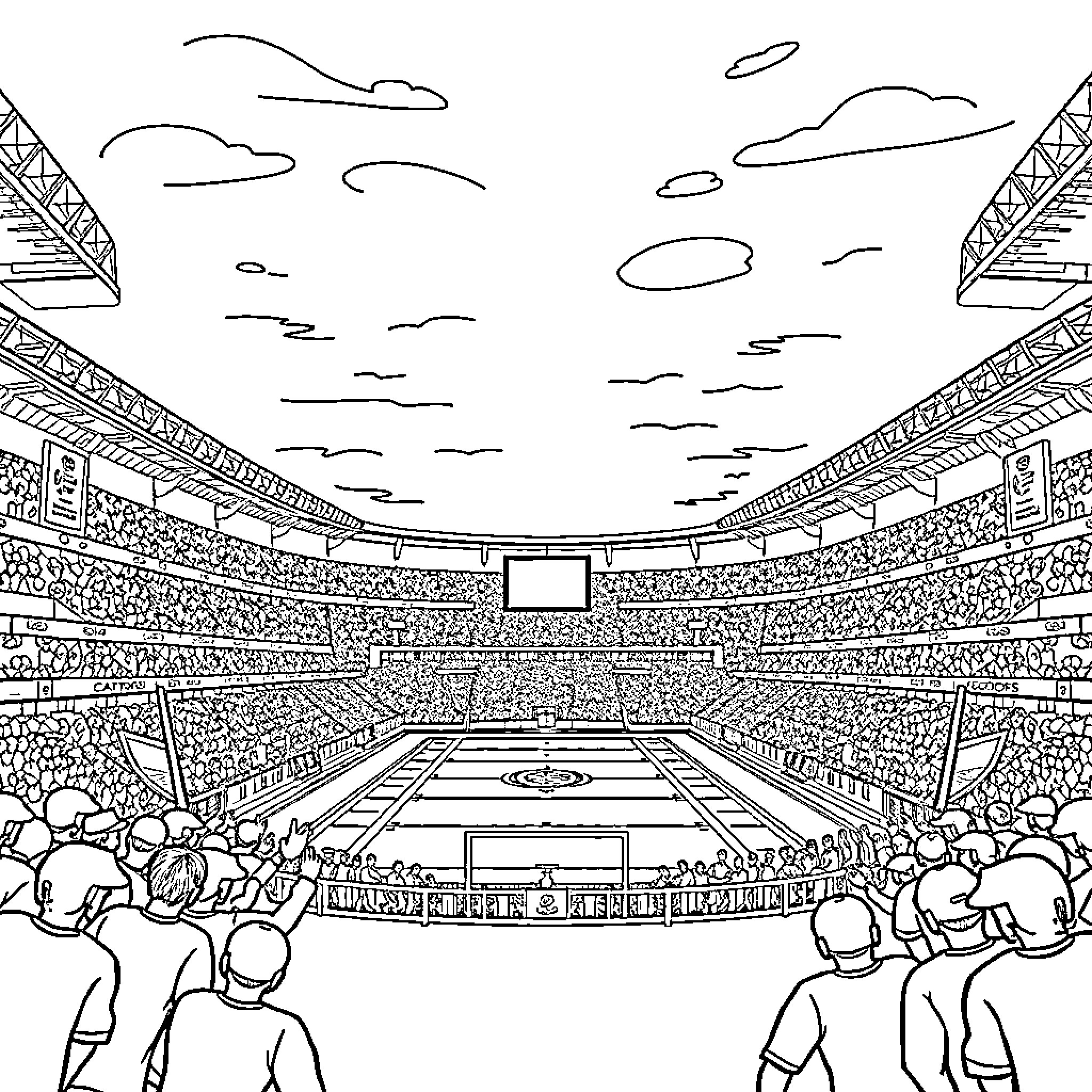 Football Stadium with Lively Crowd and Game Action Coloring Page (free black-and-white line drawing printable PDF for all, from beginners to advanced learners, including children, teens, adults, and seniors)