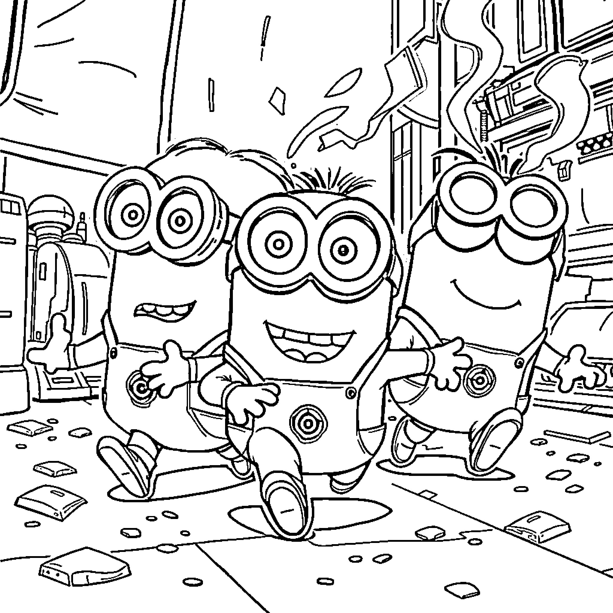 Minions playing mischievously in a messy environment Coloring Page (free black-and-white line drawing printable PDF for all, from beginners to advanced learners, including children, teens, adults, and seniors)