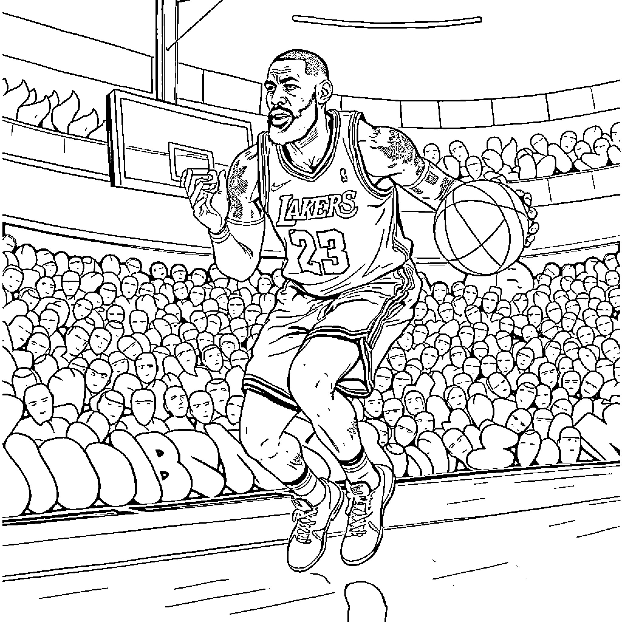 LeBron James Excitedly Celebrates Basketball Victory in Stadium Coloring Page (free black-and-white line drawing printable PDF for all, from beginners to advanced learners, including children, teens, adults, and seniors)