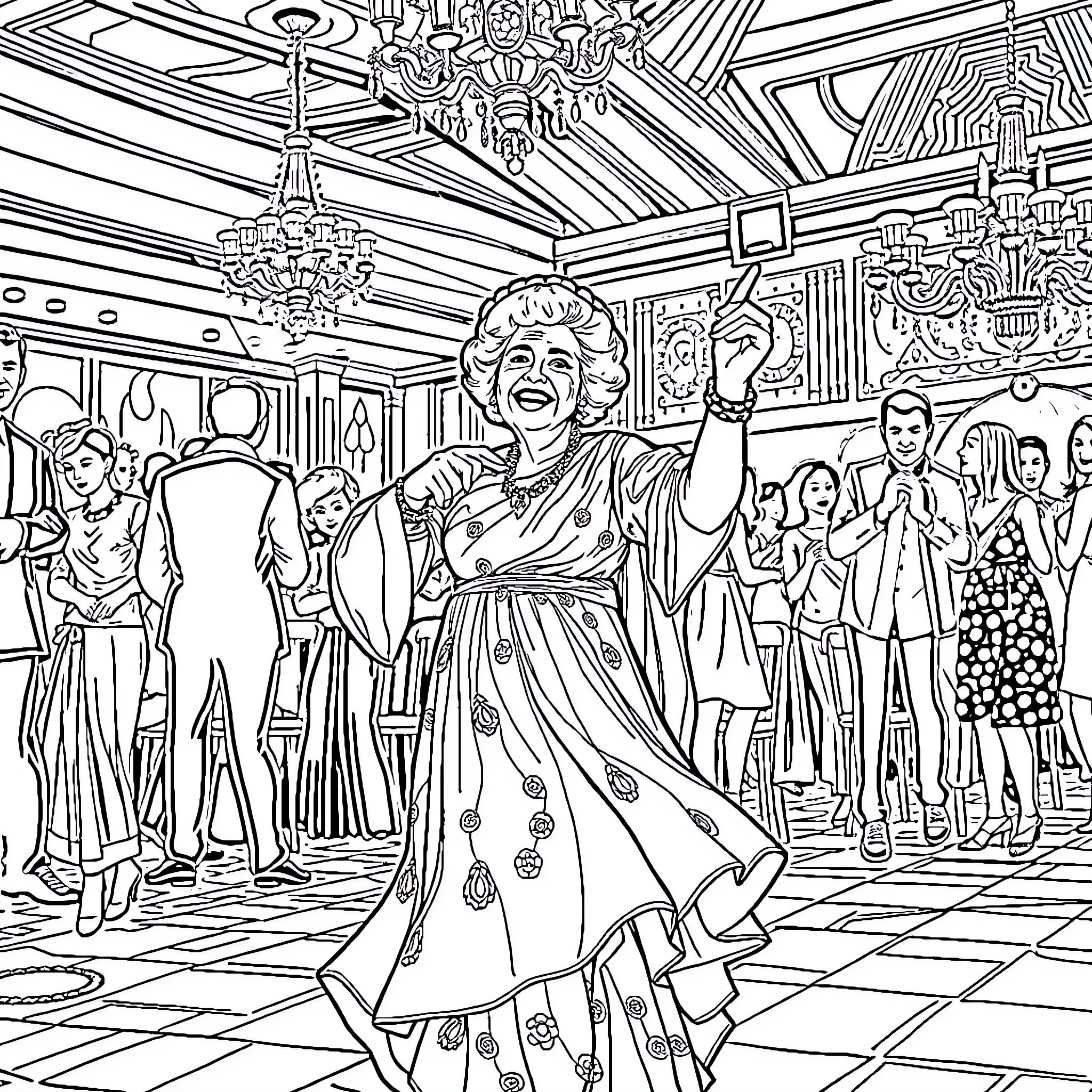 Señora gracefully dancing at a grand celebration Coloring Page (free black-and-white line drawing printable PDF for all, from beginners to advanced learners, including children, teens, adults, and seniors)