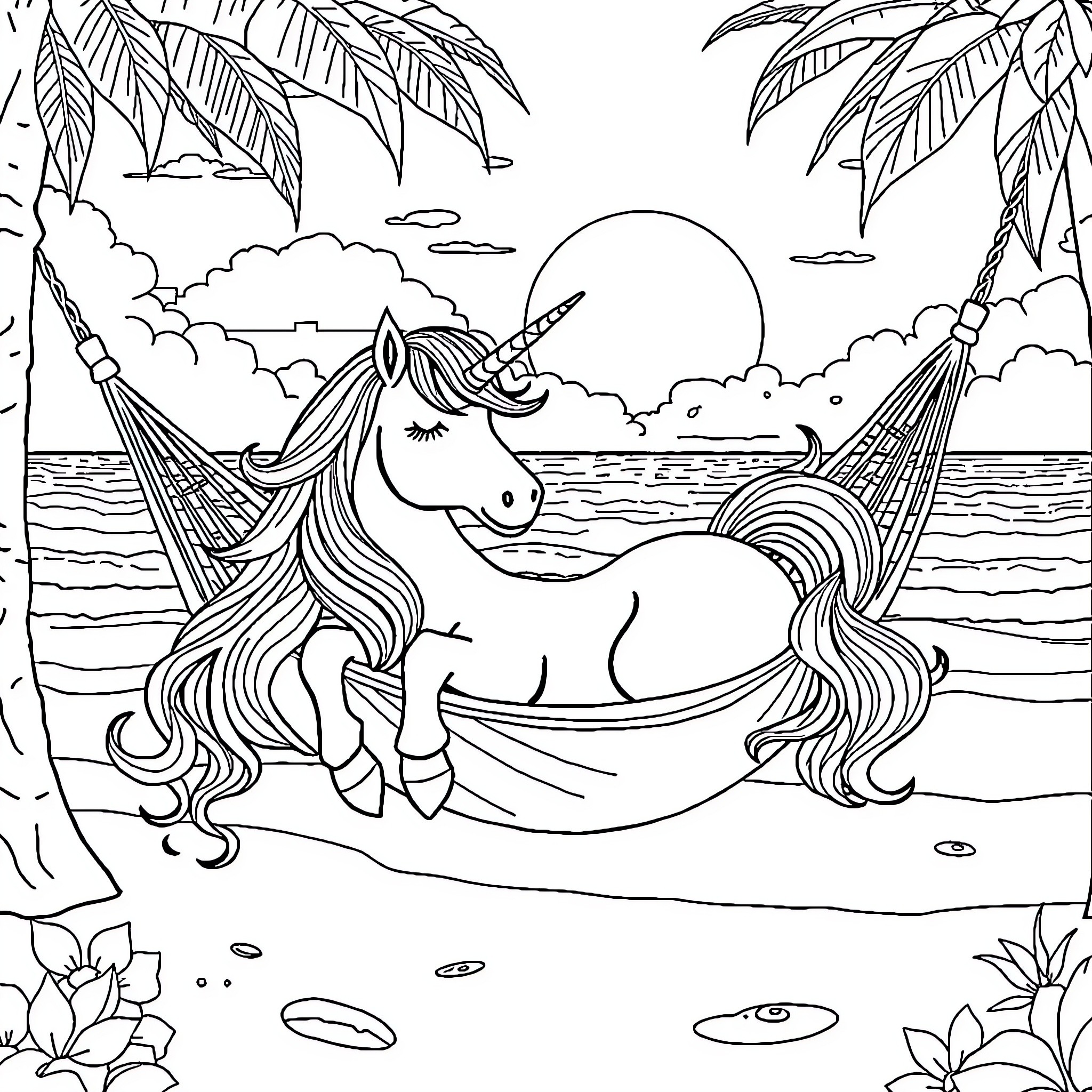 Unicorn relaxing in a tropical hammock by the sea Coloring Page (free black-and-white line drawing printable PDF for all, from beginners to advanced learners, including children, teens, adults, and seniors)