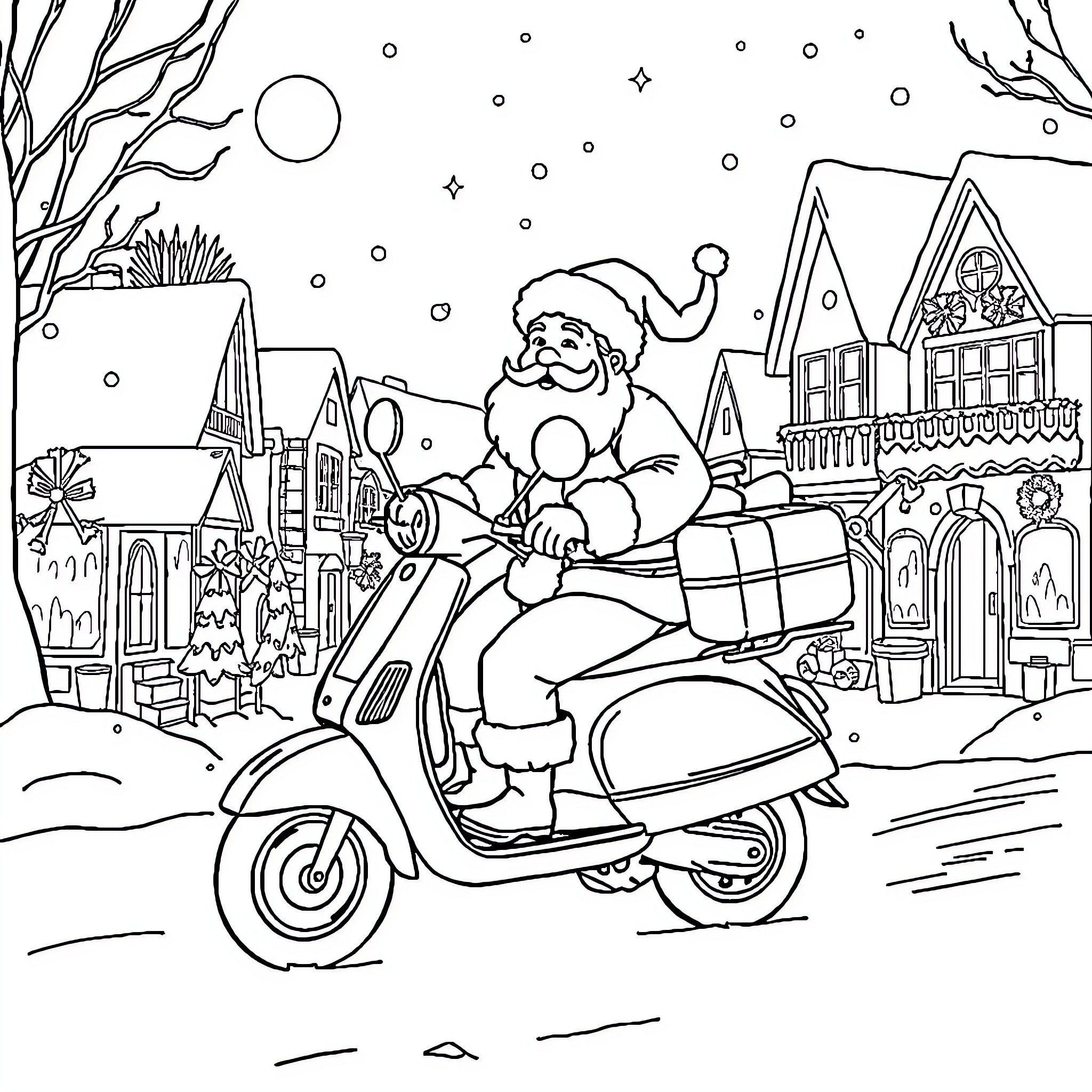 Santa Claus riding a scooter through a winter wonderland Coloring Page (free black-and-white line drawing printable PDF for all, from beginners to advanced learners, including children, teens, adults, and seniors)