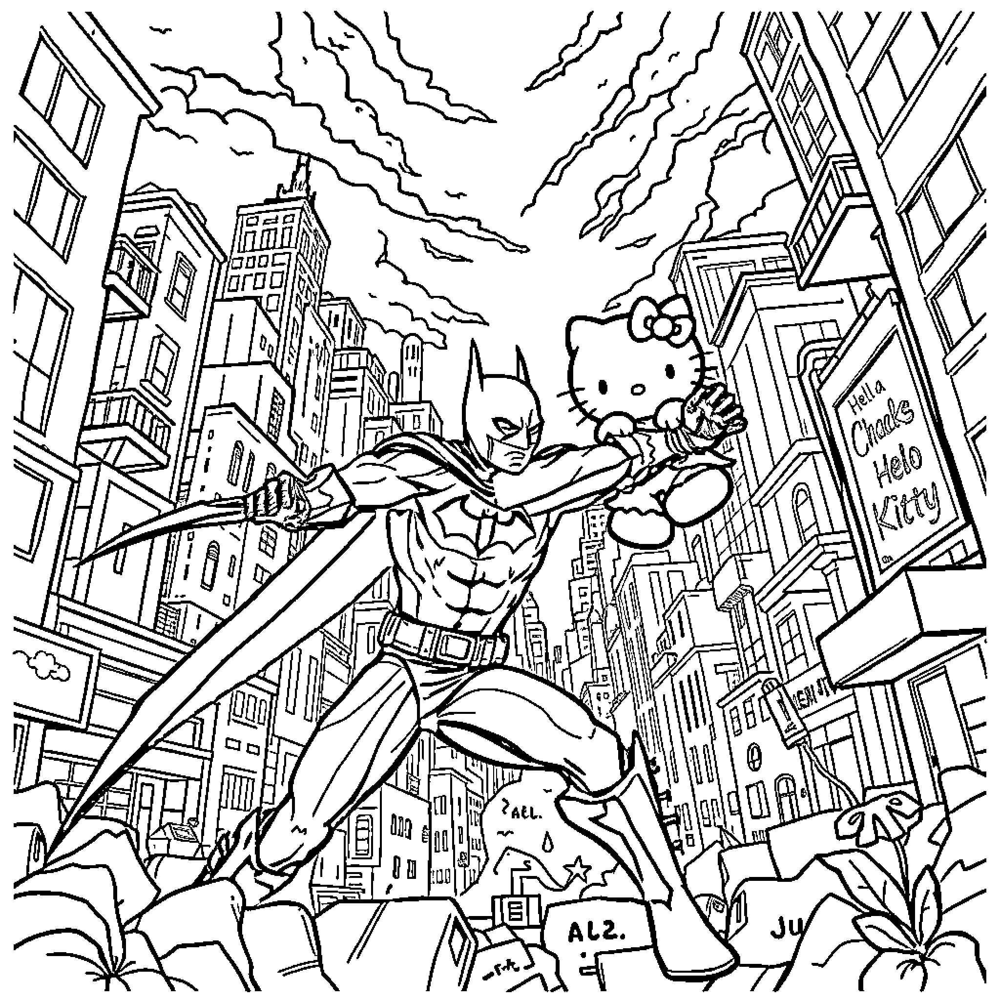 Batman Fights Enemies in Gotham City Coloring Page (free black-and-white line drawing printable PDF for all, from beginners to advanced learners, including children, teens, adults, and seniors)