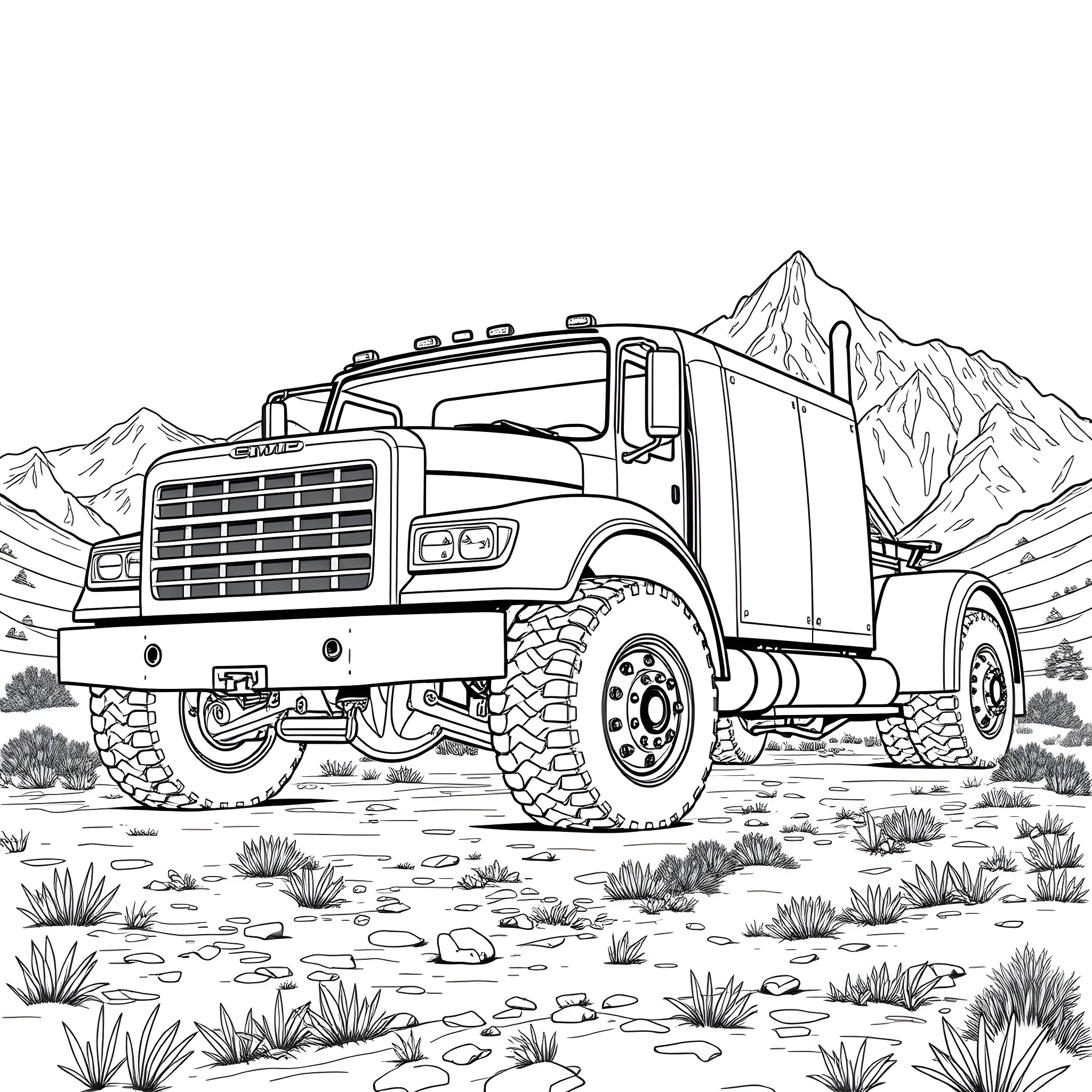Dually Truck Navigating Rugged Mountain Terrain Coloring Page (free black-and-white line drawing printable PDF for all, from beginners to advanced learners, including children, teens, adults, and seniors)
