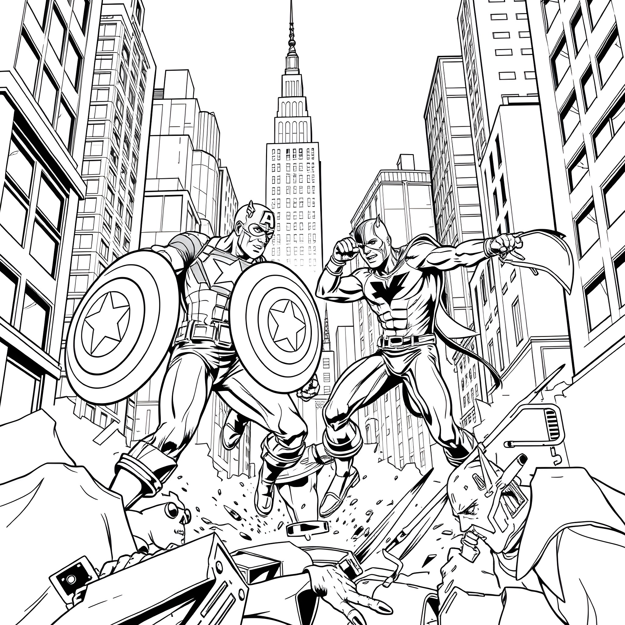 Captain America and Marvel Hero Battle in New York City Coloring Page (free black-and-white line drawing printable PDF for all, from beginners to advanced learners, including children, teens, adults, and seniors)