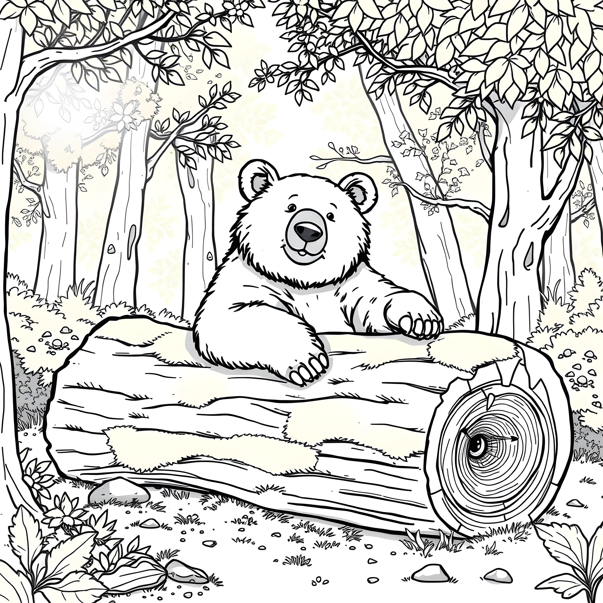 Bear resting peacefully in the forest Coloring Page (free black-and-white line drawing printable PDF for all, from beginners to advanced learners, including children, teens, adults, and seniors)