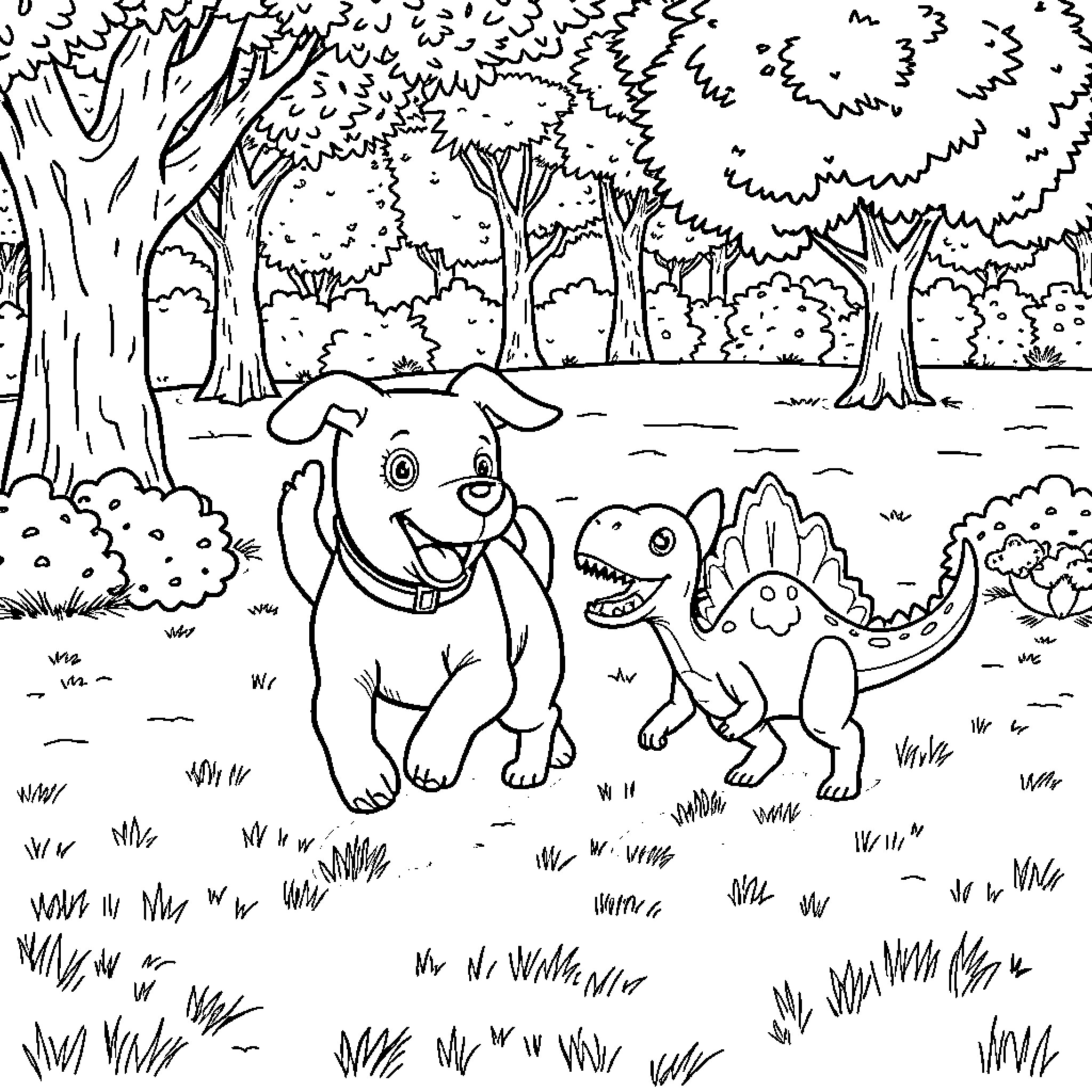 Dog and Dinosaur Playing in the Forest Coloring Page (free black-and-white line drawing printable PDF for all, from beginners to advanced learners, including children, teens, adults, and seniors)