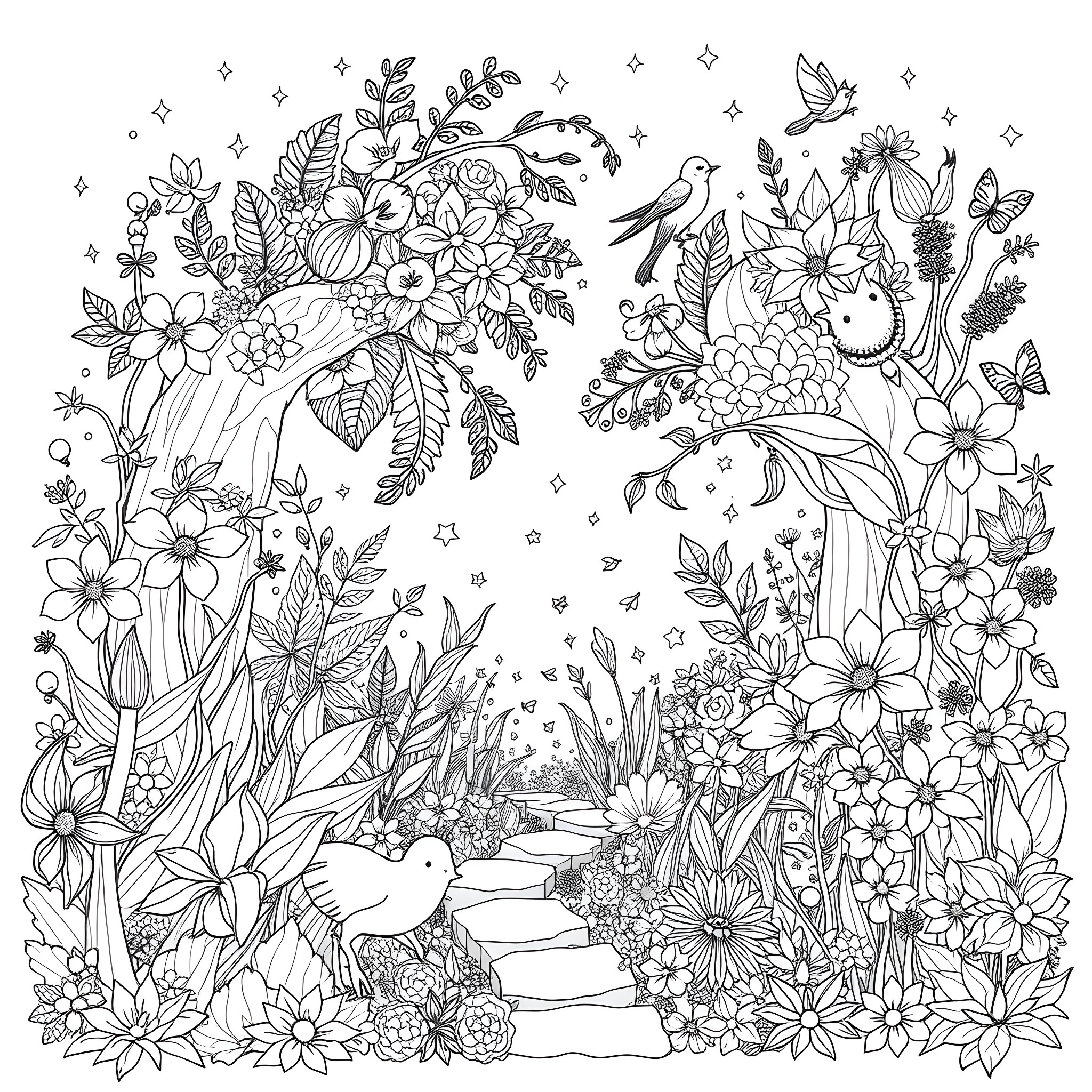 Garden of Vibrant Flowers and Playful Birds Coloring Page (free black-and-white line drawing printable PDF for all, from beginners to advanced learners, including children, teens, adults, and seniors)