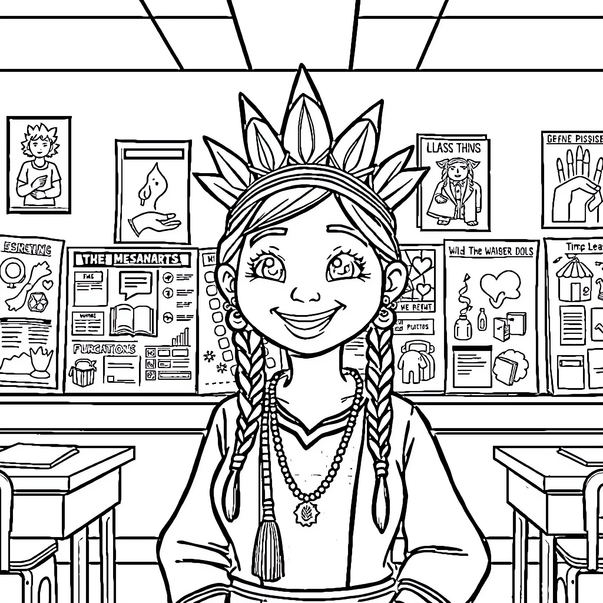 Navajo Teacher Smiling Cheerfully in Classroom Coloring Page (free black-and-white line drawing printable PDF for all, from beginners to advanced learners, including children, teens, adults, and seniors)