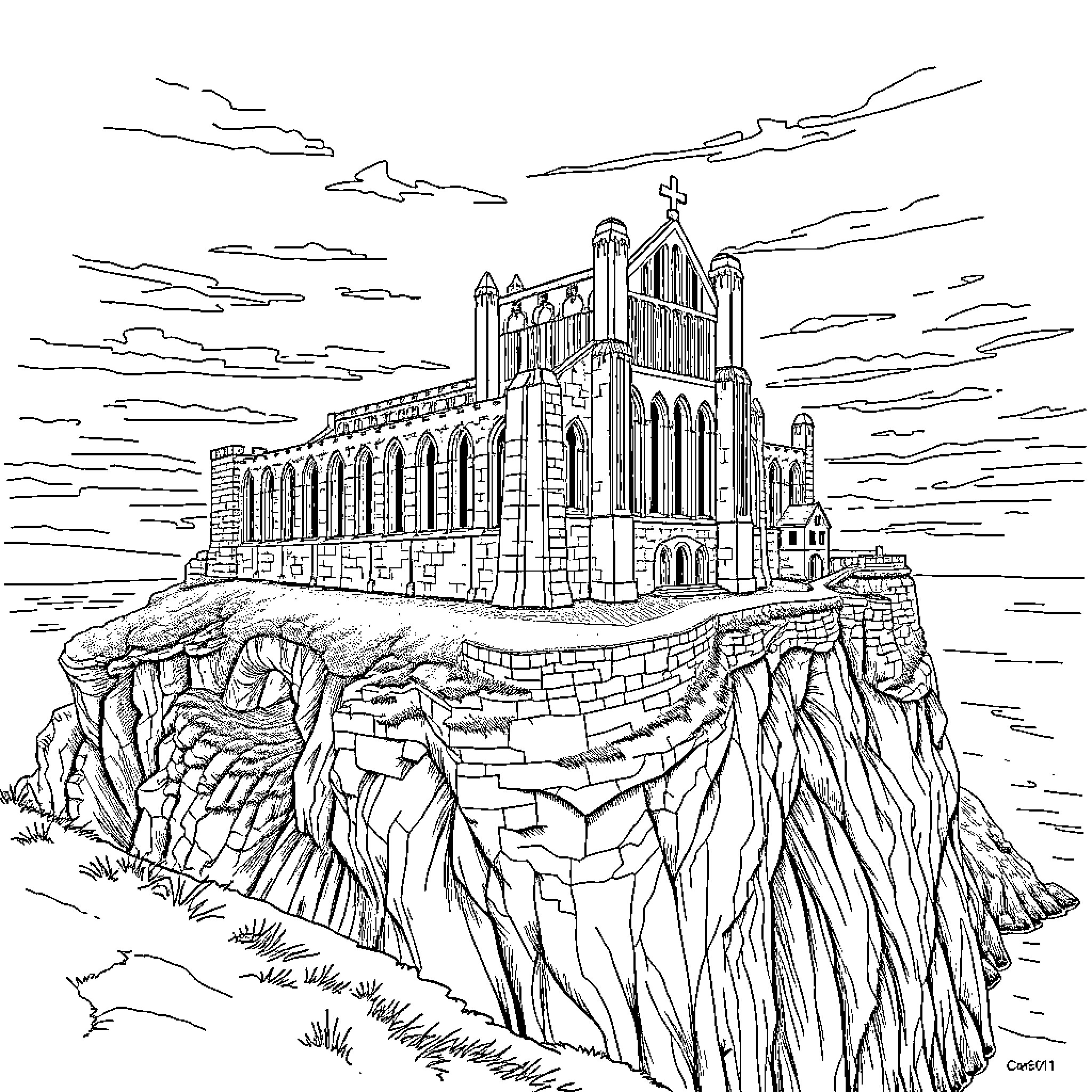 Whitby Abbey on Majestic Cliffs Coloring Page (free black-and-white line drawing printable PDF for all, from beginners to advanced learners, including children, teens, adults, and seniors)