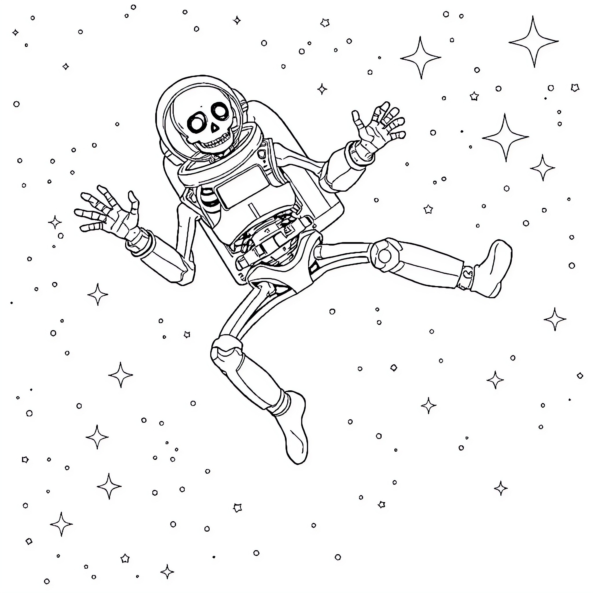 Skeleton astronaut floating in space Coloring Page (free black-and-white line drawing printable PDF for all, from beginners to advanced learners, including children, teens, adults, and seniors)
