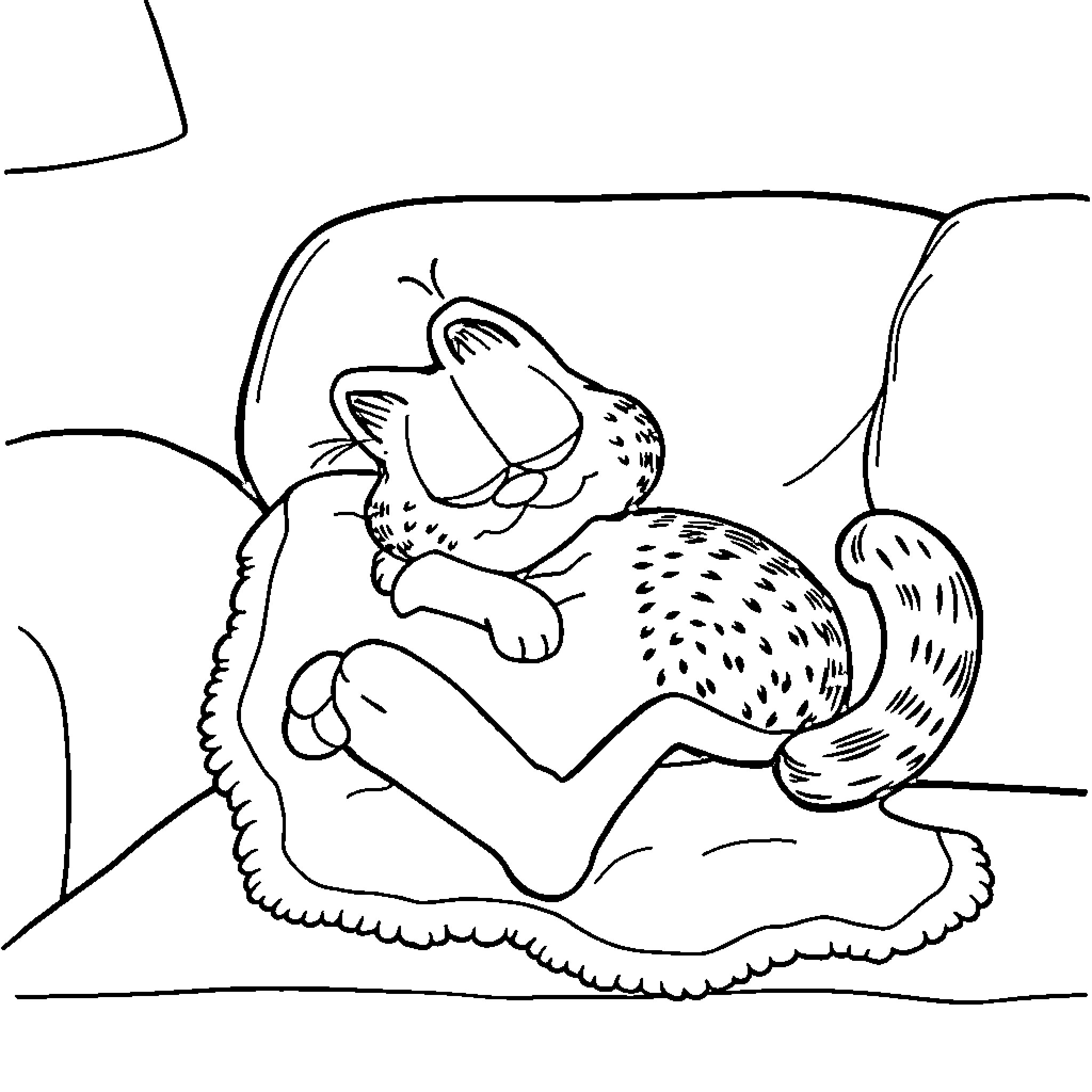 Garfield sleeping comfortably on a soft surface Coloring Page (free black-and-white line drawing printable PDF for all, from beginners to advanced learners, including children, teens, adults, and seniors)