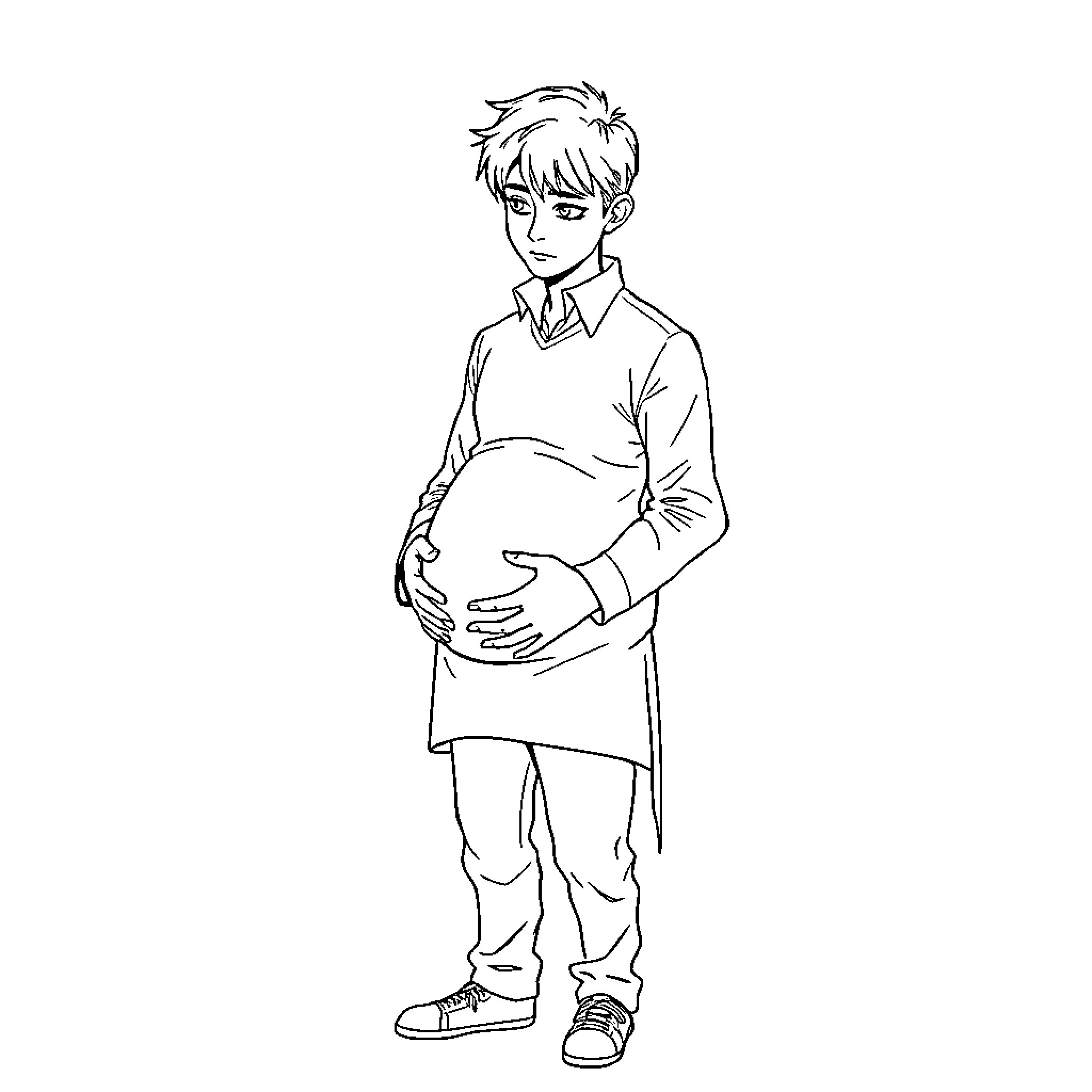 Draco Malfoy embracing his unexpected pregnancy Coloring Page (free black-and-white line drawing printable PDF for all, from beginners to advanced learners, including children, teens, adults, and seniors)