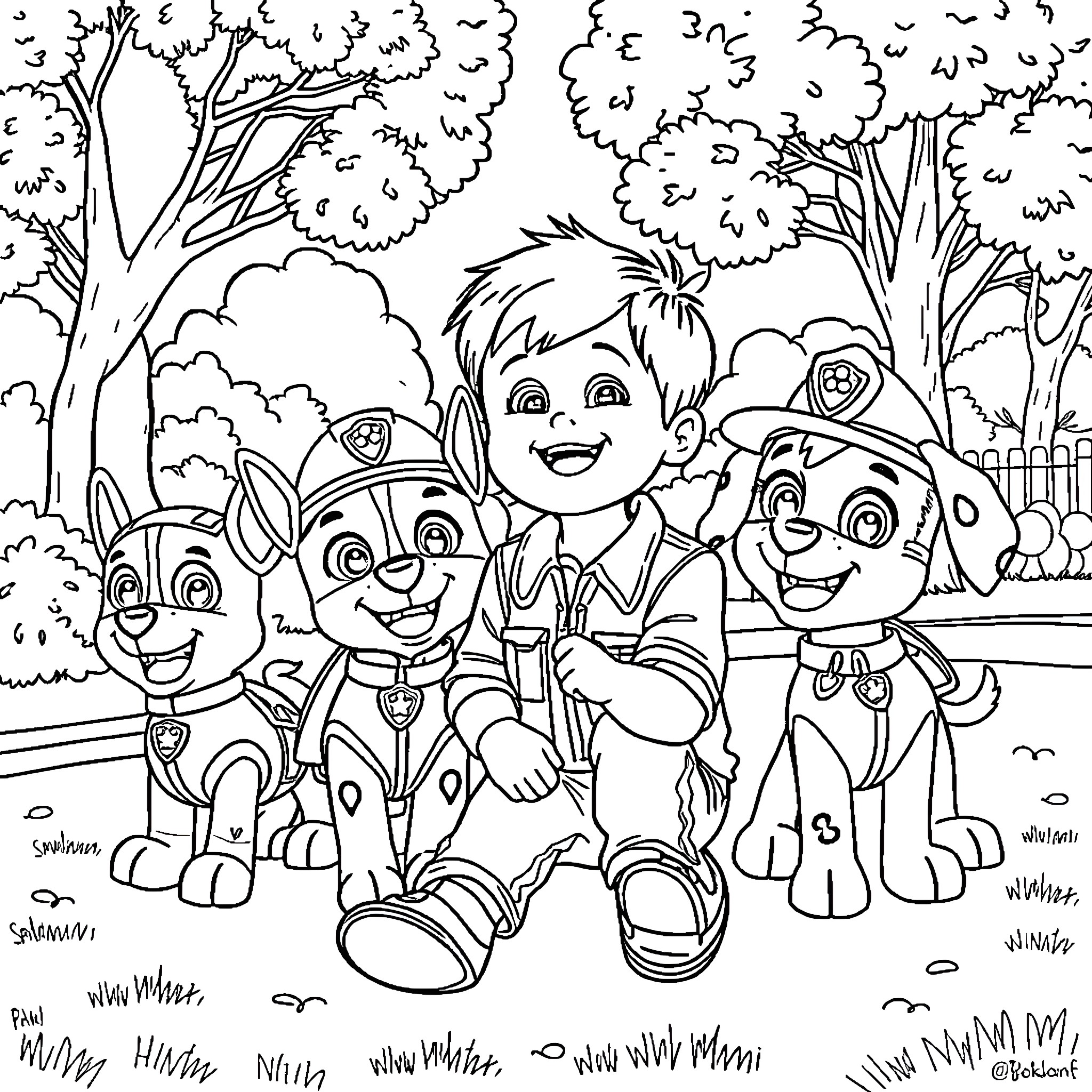 Paw Patrol friends enjoying a day outdoors Coloring Page (free black-and-white line drawing printable PDF for all, from beginners to advanced learners, including children, teens, adults, and seniors)