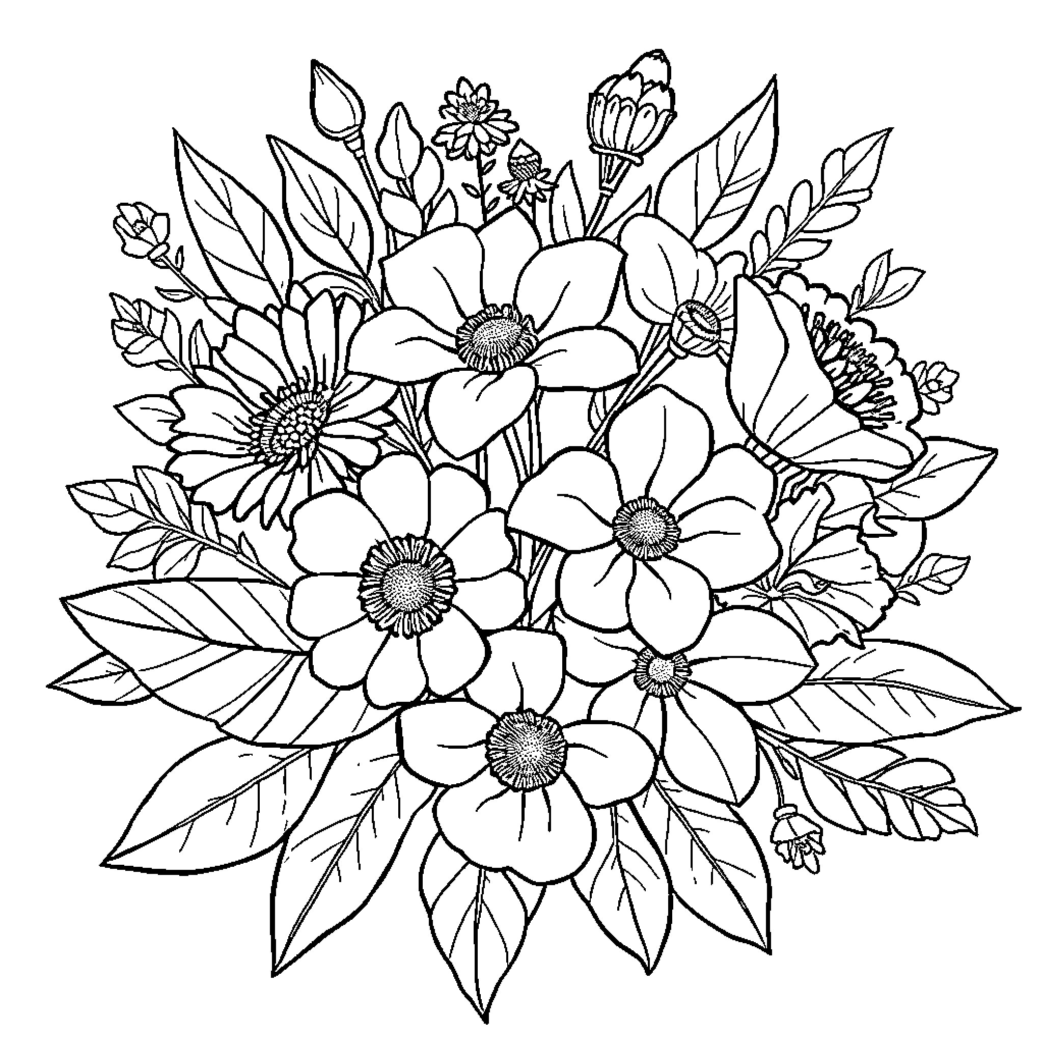 Flower bouquet with detailed floral arrangements Coloring Page (free black-and-white line drawing printable PDF for all, from beginners to advanced learners, including children, teens, adults, and seniors)