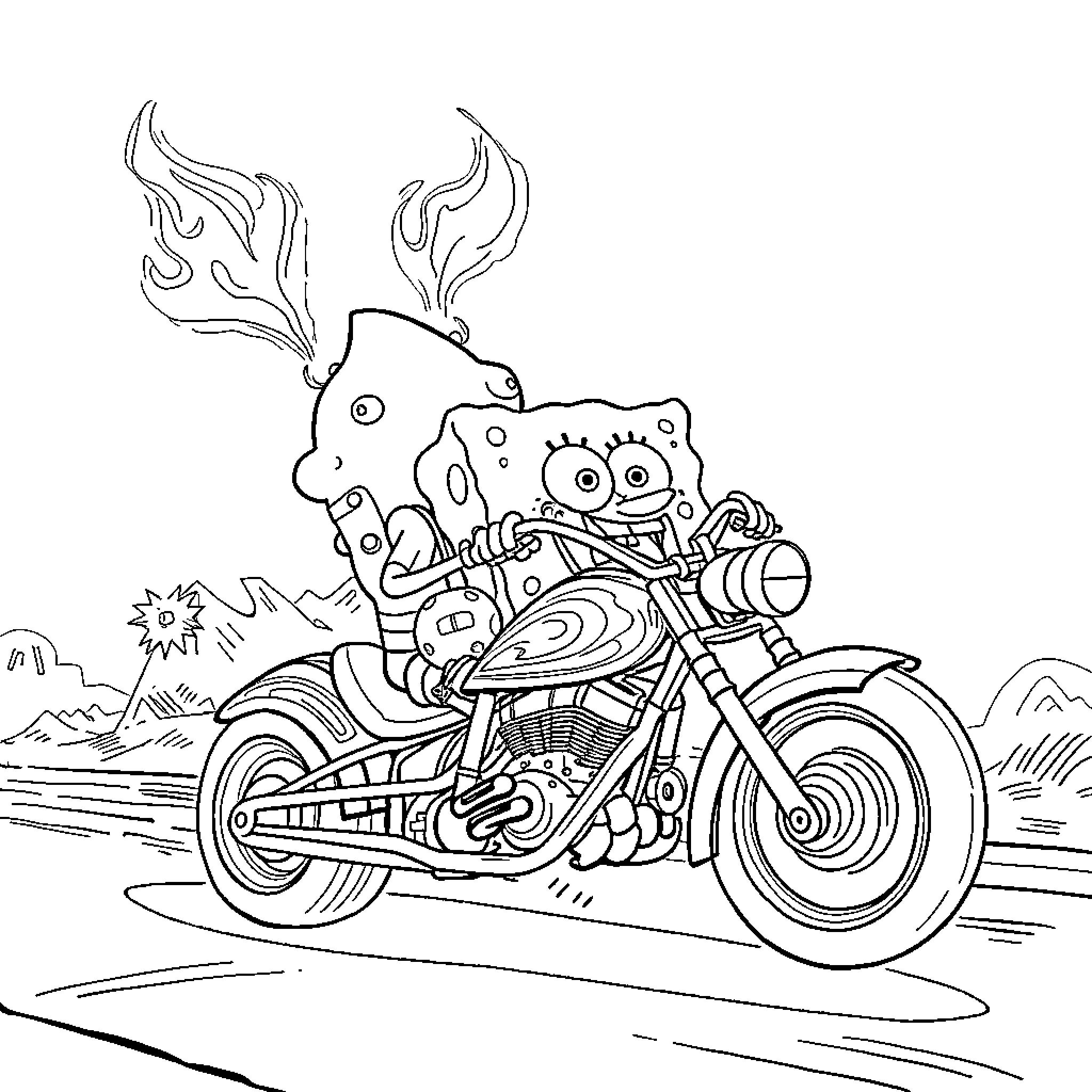 Spongebob riding a motorcycle with Patrick Coloring Page (free black-and-white line drawing printable PDF for all, from beginners to advanced learners, including children, teens, adults, and seniors)