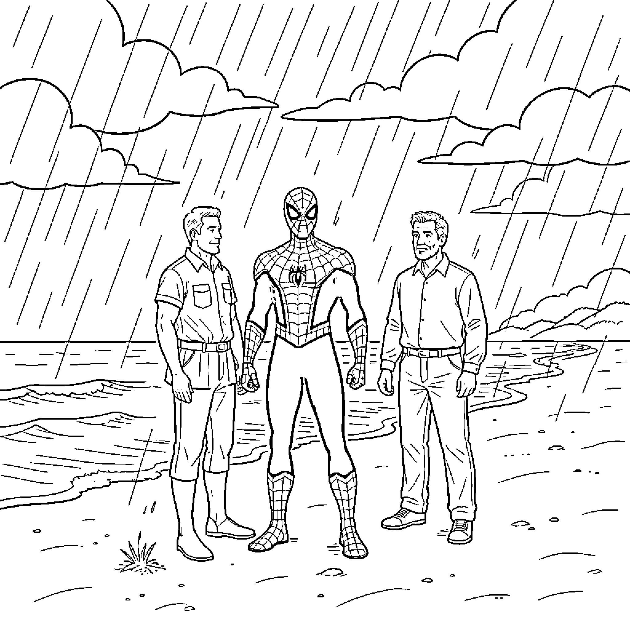 Spiderman rescues two men during a storm Coloring Page (free black-and-white line drawing printable PDF for all, from beginners to advanced learners, including children, teens, adults, and seniors)
