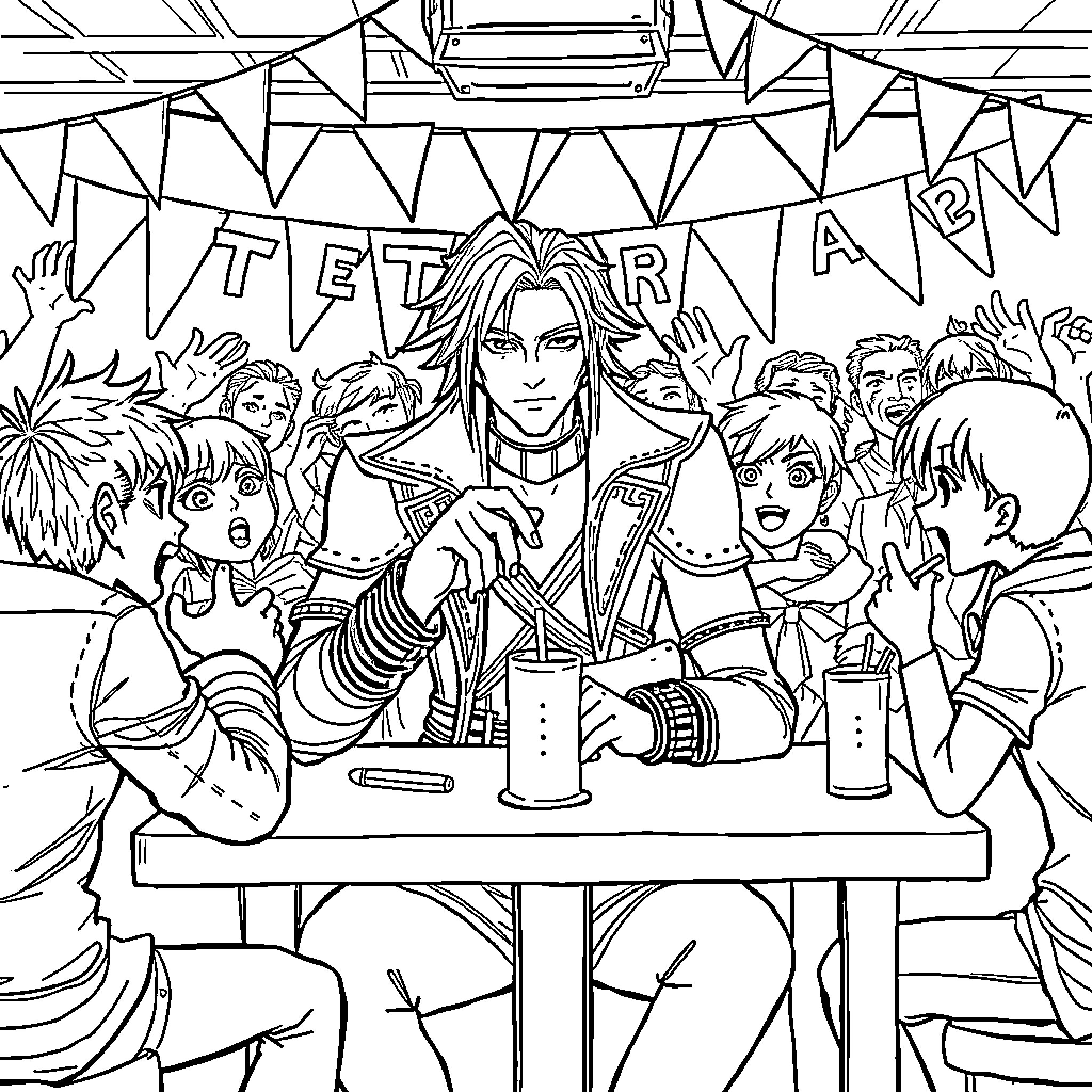 Squall of Celebration and Revelry Coloring Page (free black-and-white line drawing printable PDF for all, from beginners to advanced learners, including children, teens, adults, and seniors)