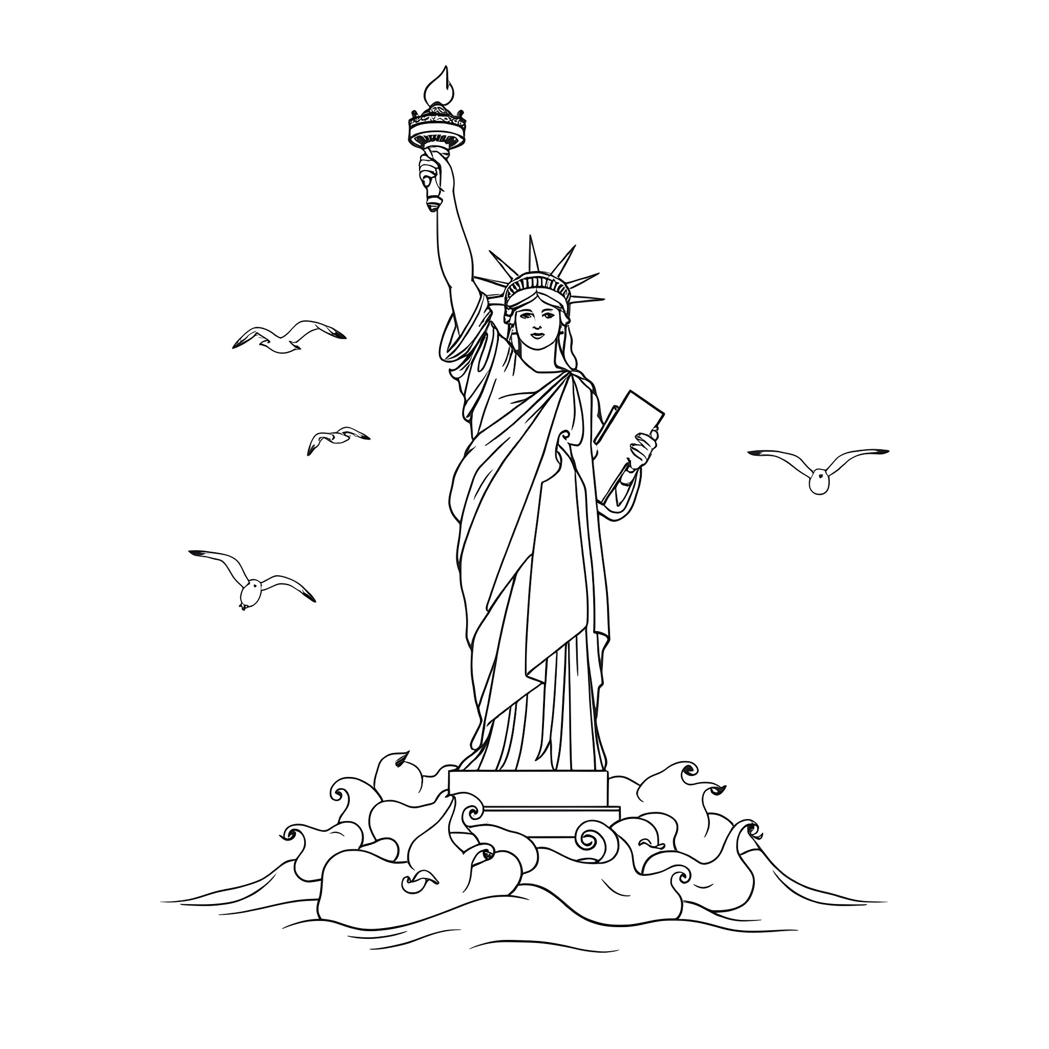 Statue Of Liberty holding torch in the sky Coloring Page (free black-and-white line drawing printable PDF for all, from beginners to advanced learners, including children, teens, adults, and seniors)