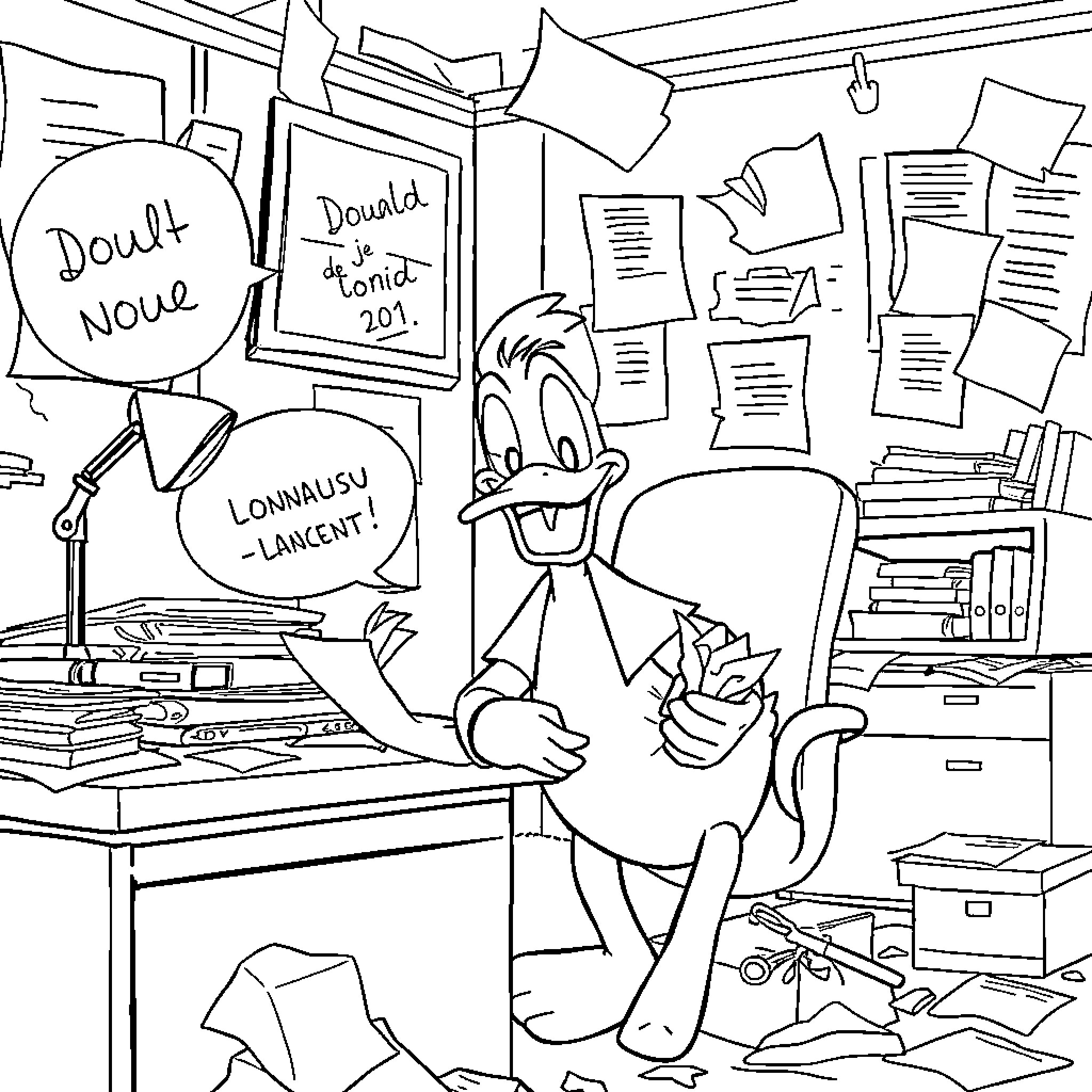 Donald's Messy Workday in the Office Coloring Page (free black-and-white line drawing printable PDF for all, from beginners to advanced learners, including children, teens, adults, and seniors)