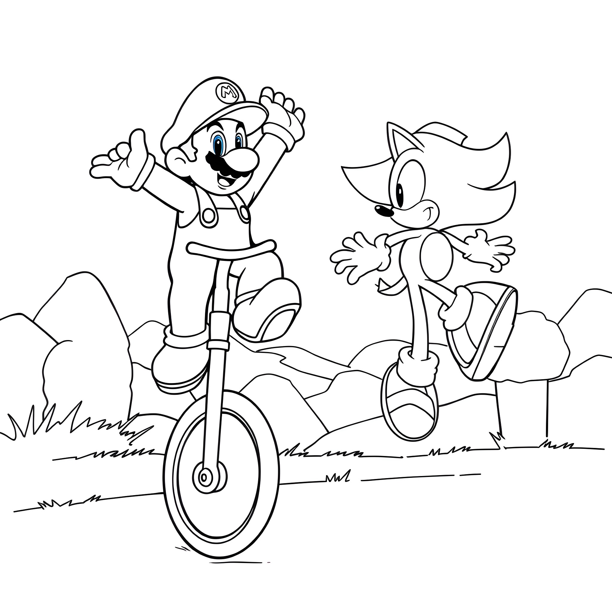 Super Mario and Sonic the Hedgehog playing together Coloring Page (free black-and-white line drawing printable PDF for all, from beginners to advanced learners, including children, teens, adults, and seniors)