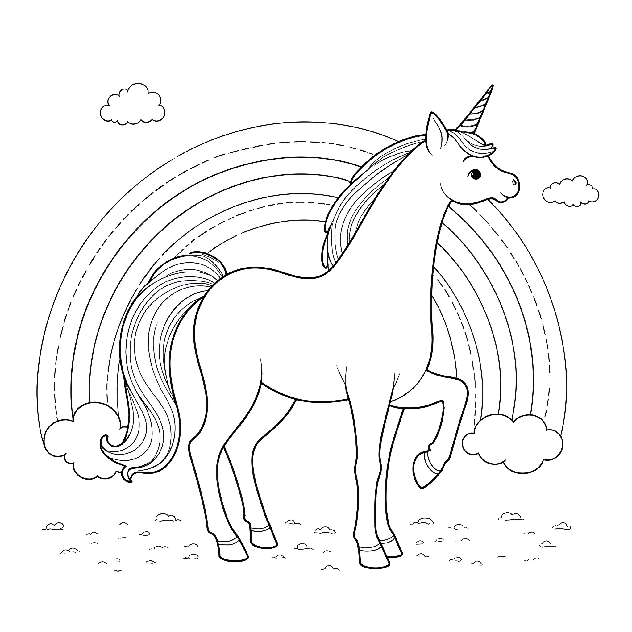 Unicorn standing majestically in a magical landscape Coloring Page (free black-and-white line drawing printable PDF for all, from beginners to advanced learners, including children, teens, adults, and seniors)