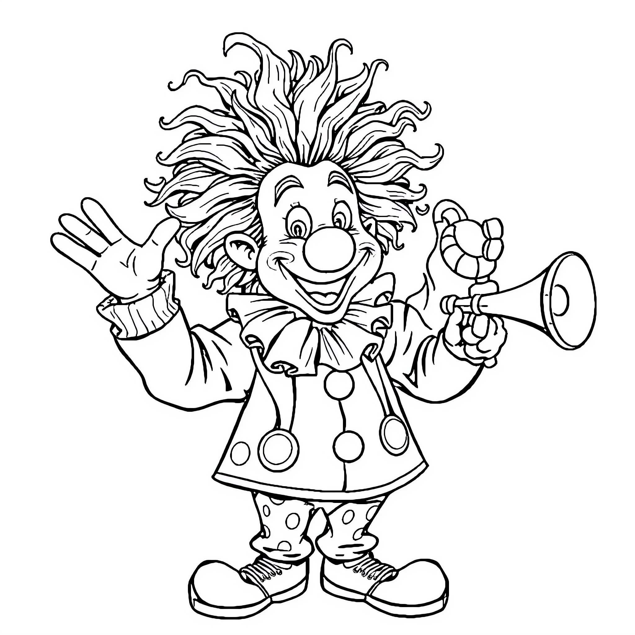 Clown with Energetic Appearance and Expressions Coloring Page (free black-and-white line drawing printable PDF for all, from beginners to advanced learners, including children, teens, adults, and seniors)